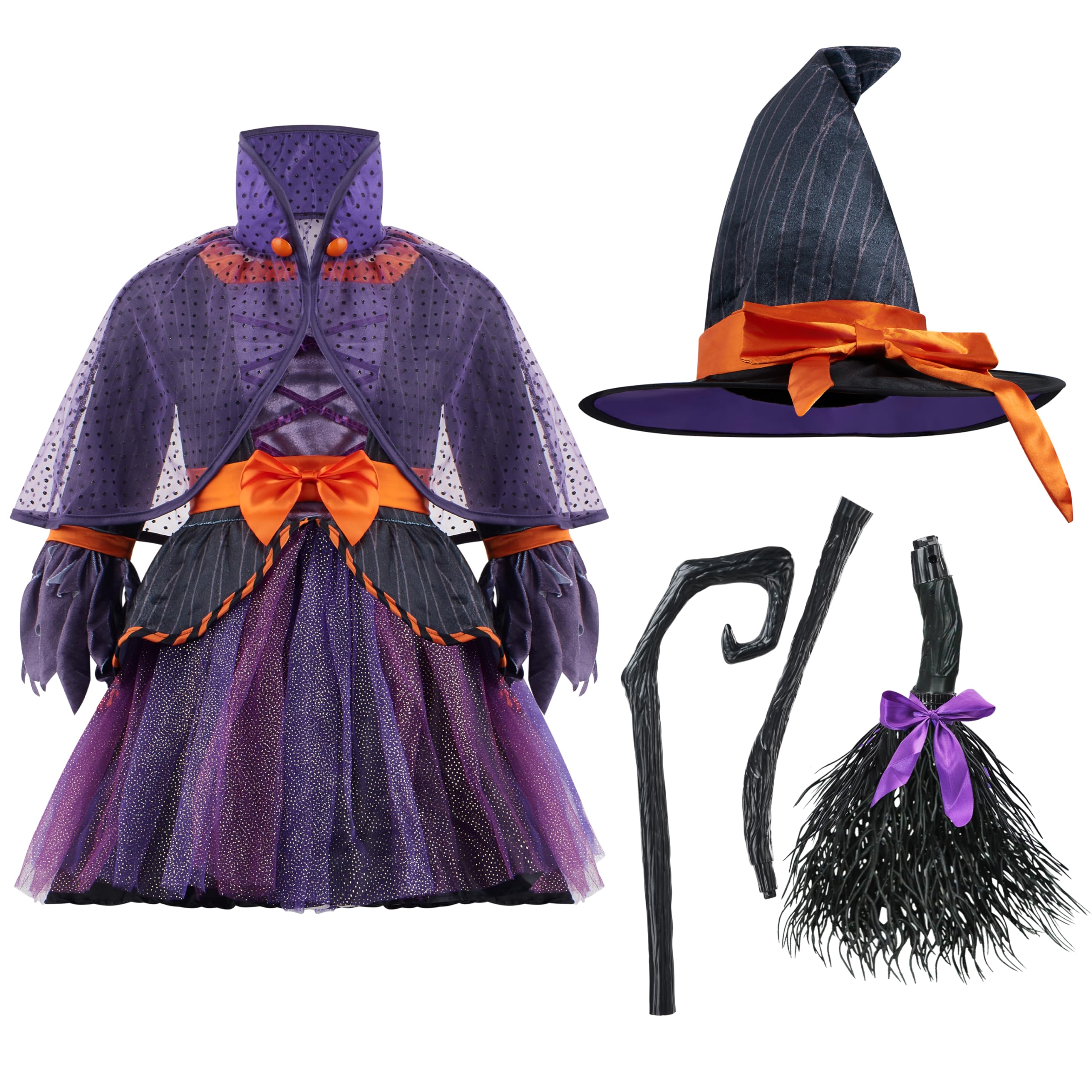 Purple Witch Costume for Girls – 5-Piece Halloween Dress-Up Set with Hat, Cape, Belt & Ribbon Broom