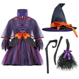 Purple Witch Costume for Girls – 5-Piece Halloween Dress-Up Set with Hat, Cape, Belt & Ribbon Broom