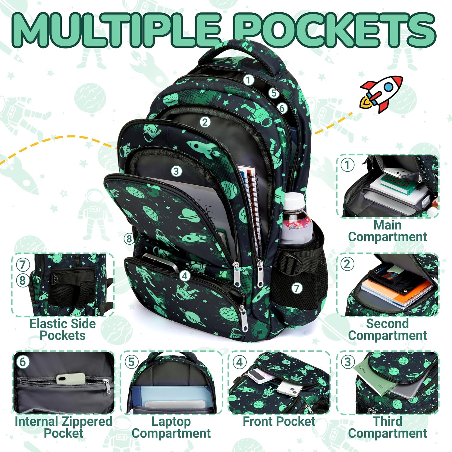 Black Green 17-Inch School Backpack with Laptop Sleeve