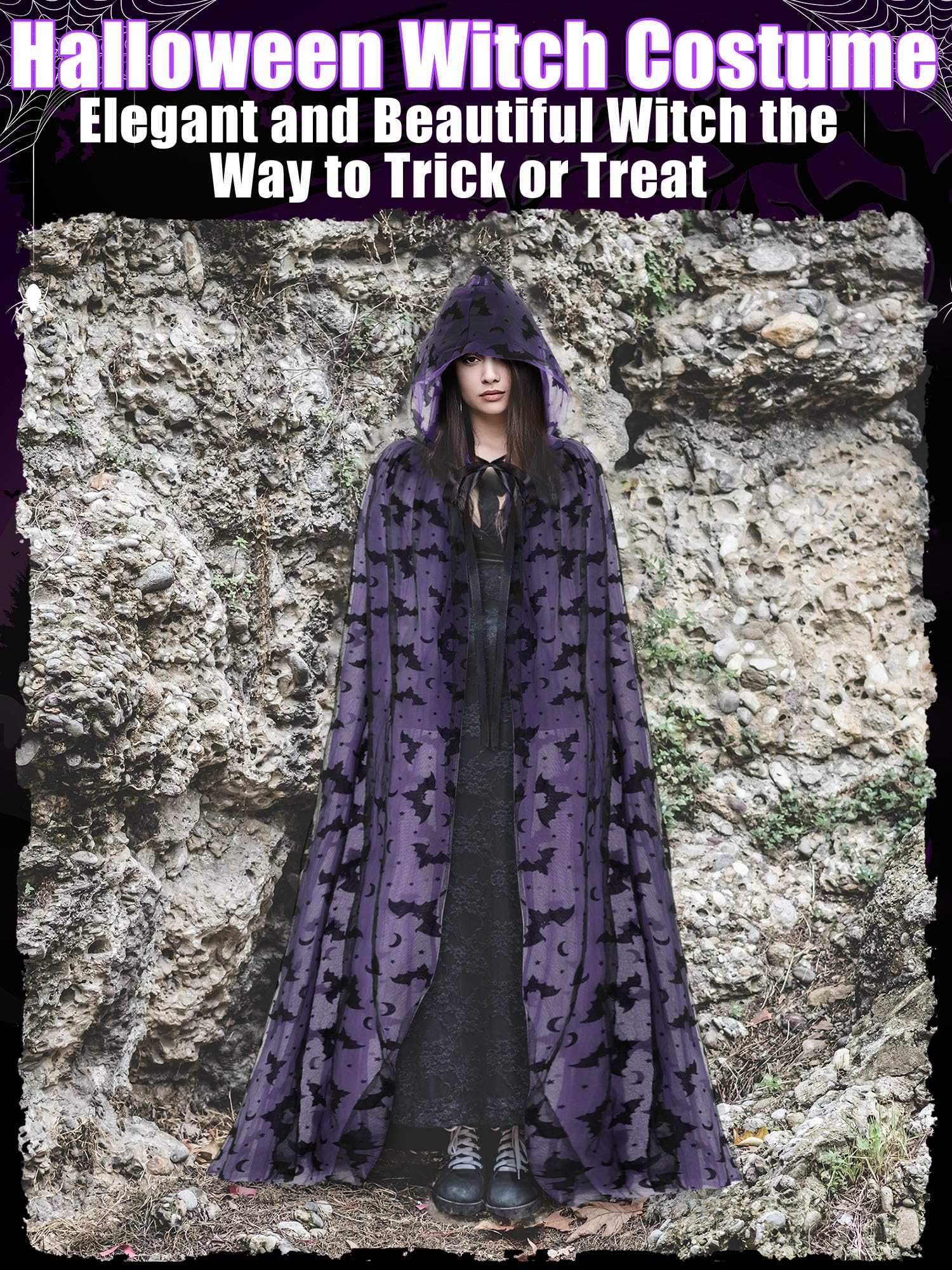 Purple Gothic Witch Lace Cape with Hood – Bat Pattern Halloween Cloak for Women (71" Length)