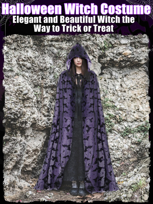 Purple Gothic Witch Lace Cape with Hood – Bat Pattern Halloween Cloak for Women (71" Length)