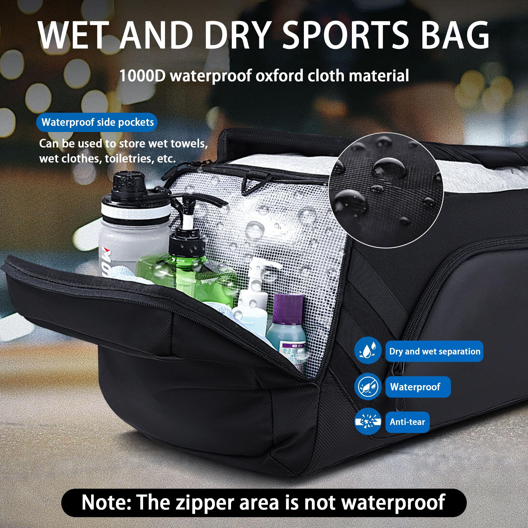Wolfilist 58L Large Gym & Travel Duffle Bag with Shoe Compartment and Wet Pocket – Waterproof Sports Bag (Black)