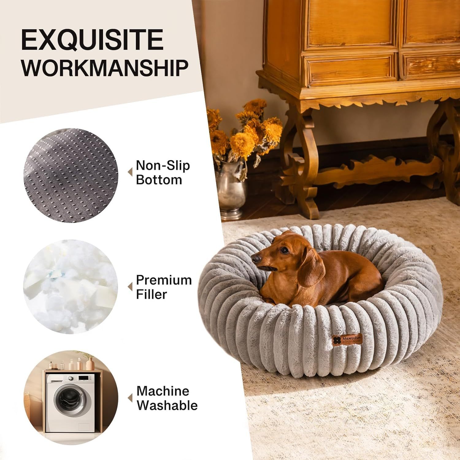 Mewoofun Donut Cat Bed – Grey 23" Washable Round Fluffy Calming Pet Bed with Non-Slip Bottom for Cats, Kittens & Puppies