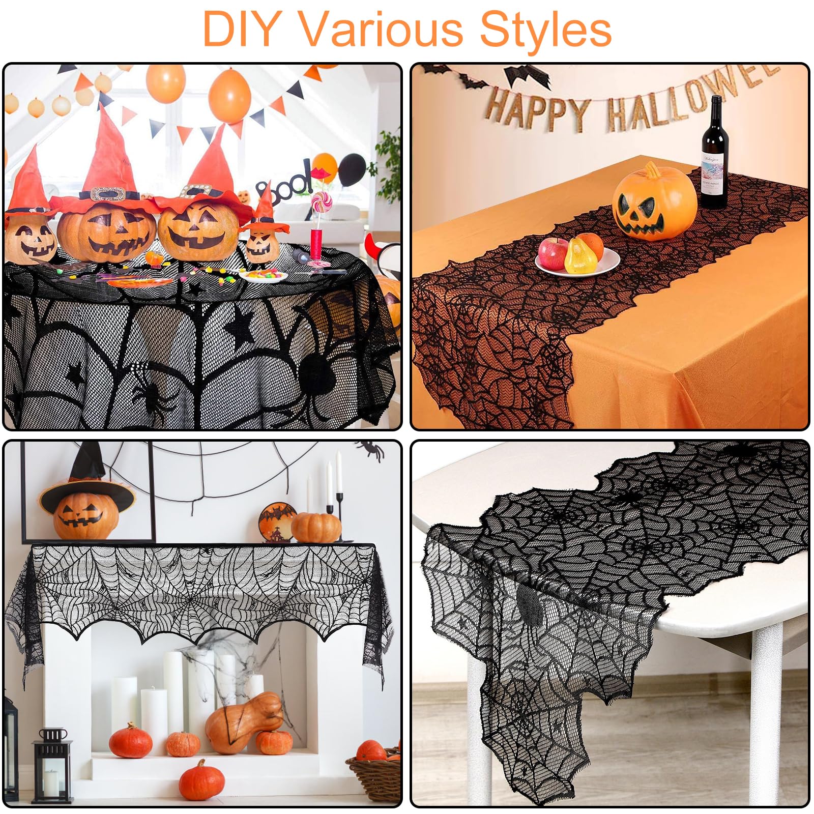 Halloween Lace Decoration Set – 5 Piece Black Gothic Décor Kit with Mantel Scarf, Table Runner, Lampshade, Round Cover & 3D Bat Wall Stickers