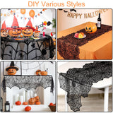 Halloween Lace Decoration Set – 5 Piece Black Gothic Décor Kit with Mantel Scarf, Table Runner, Lampshade, Round Cover & 3D Bat Wall Stickers
