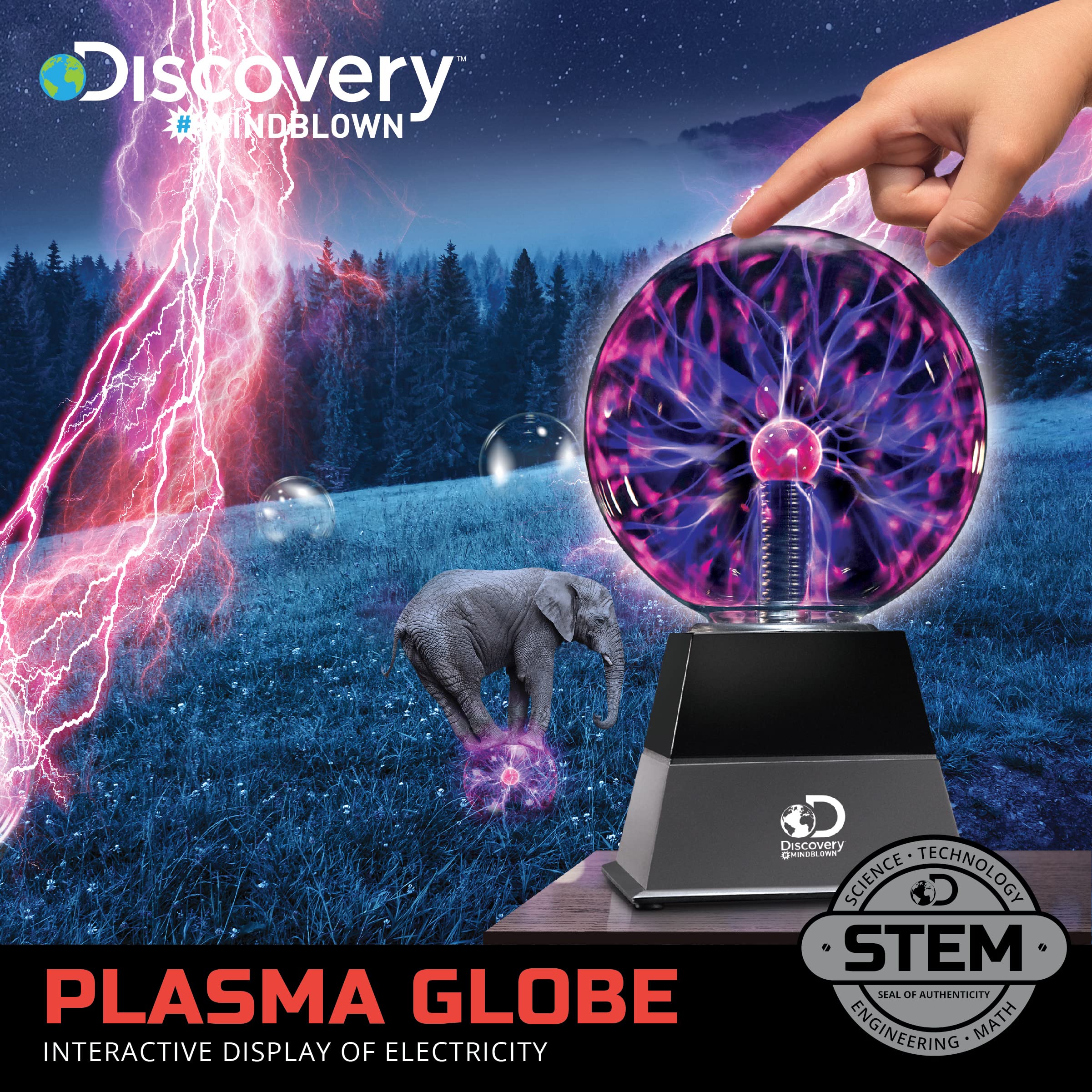 Discovery Plasma Globe Interactive Lightning Lamp – Touch & Sound Reactive Electric Plasma Ball STEM Desk Decor Black