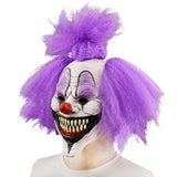 Purple Hair Clown Latex Mask – Full Head Adult Halloween Mask with Synthetic Wig & Glow Effect