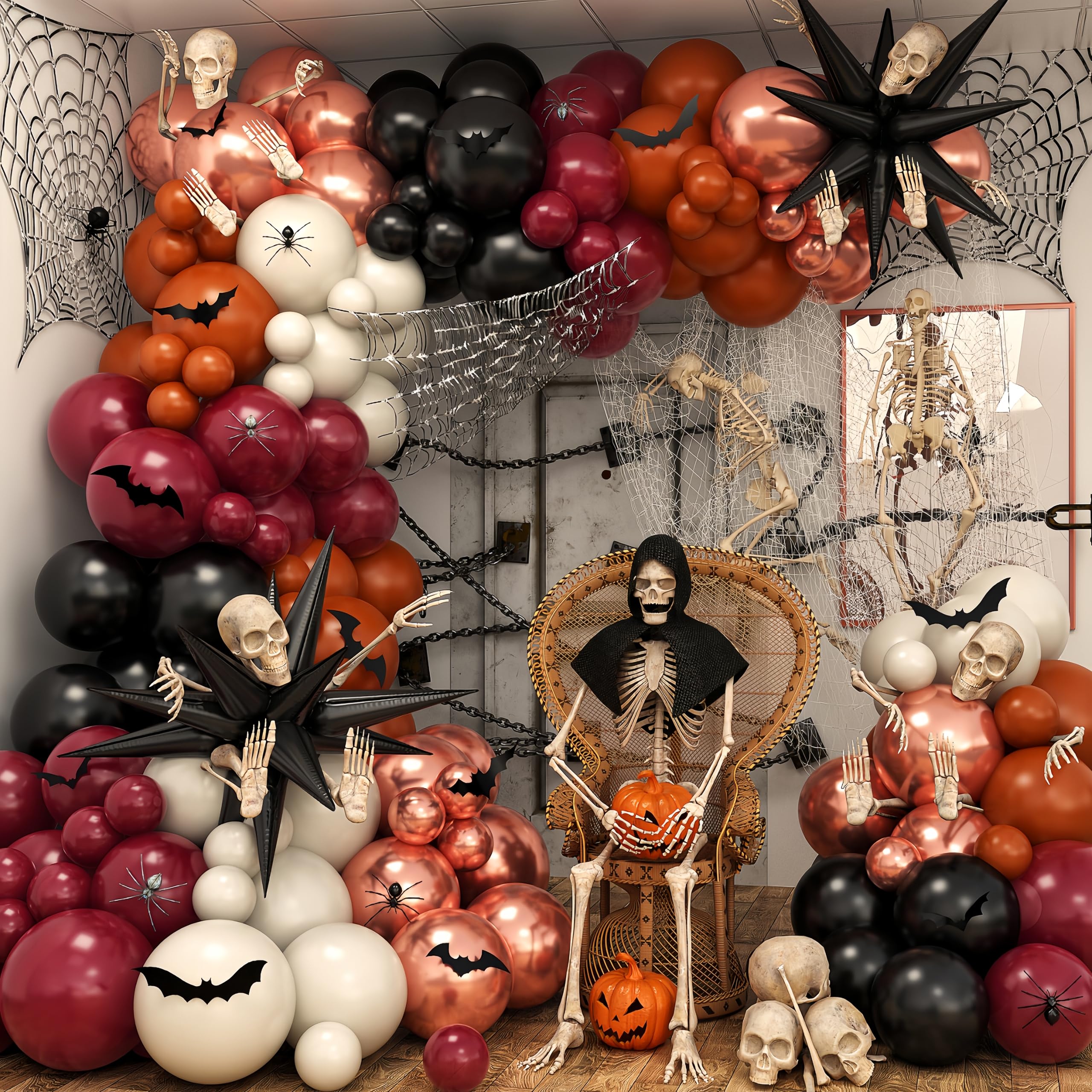 132 Pcs Halloween Balloon Arch Kit – Burnt Orange, Maroon, Black & Rose Gold Garland with Spikes & Bats