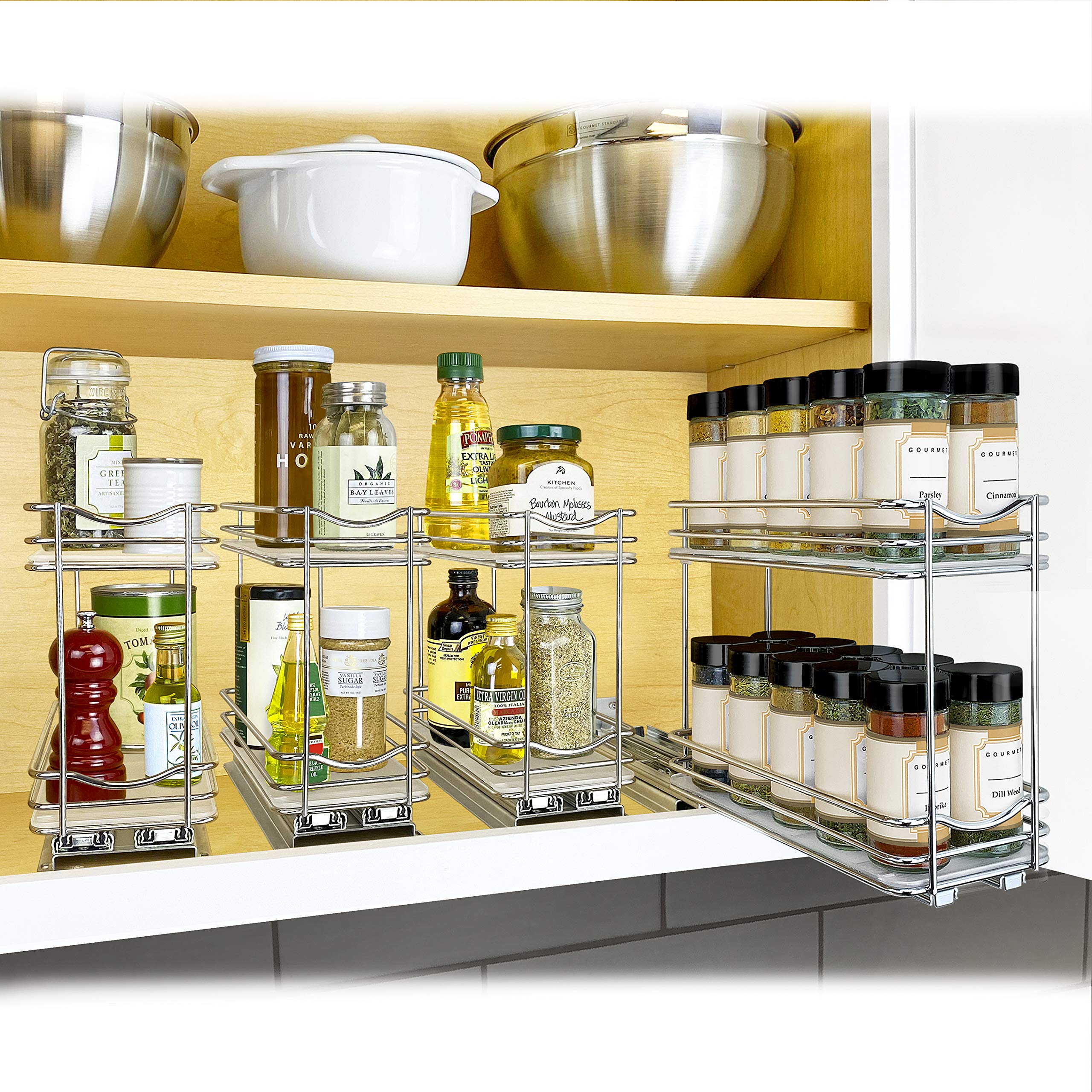 Lynk Professional Pull-Out Spice Rack Organizer – Slim 2-Tier Chrome Slide-Out Cabinet Drawer