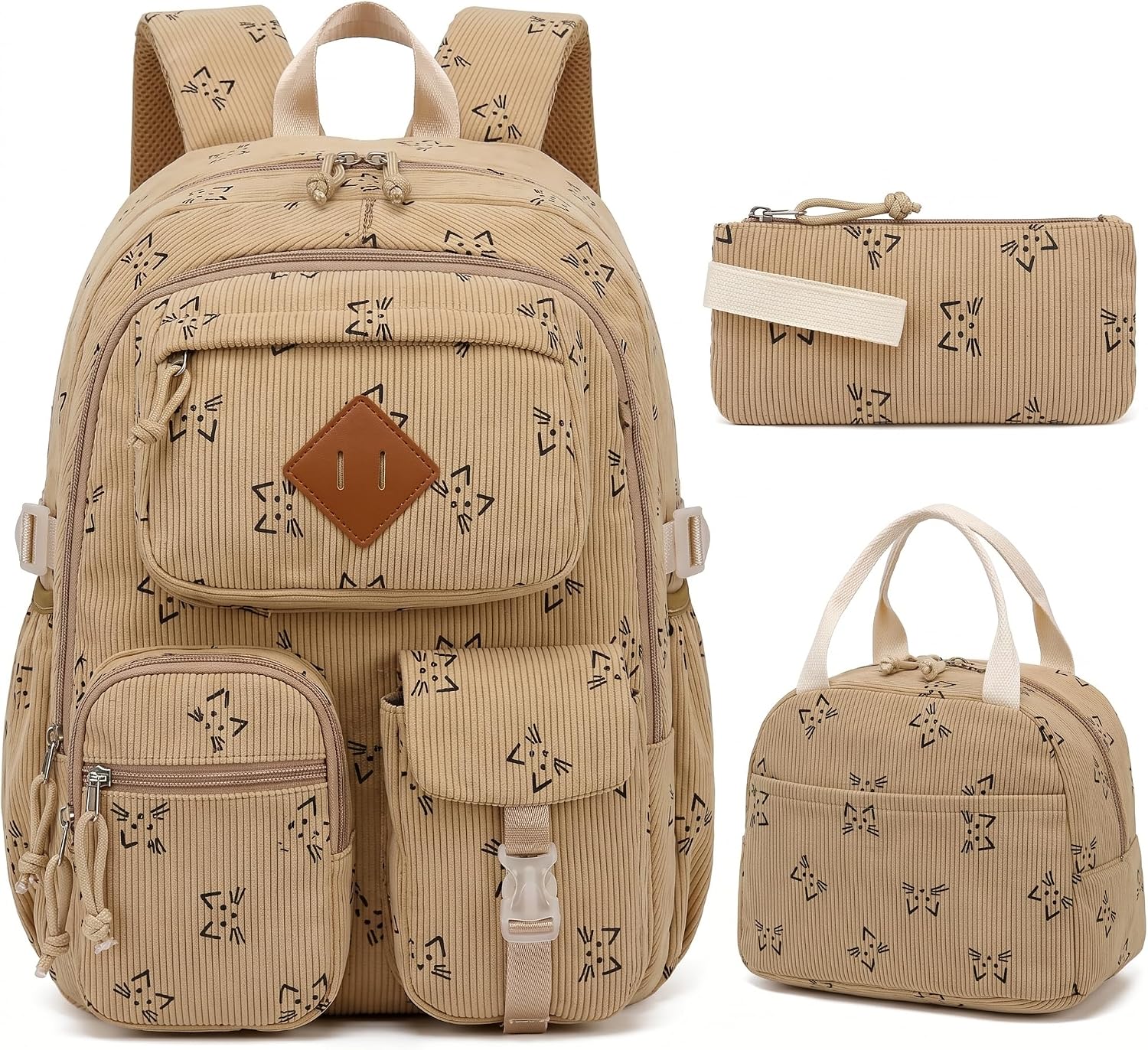 Pink Leopard Corduroy 3-Piece School Backpack Set