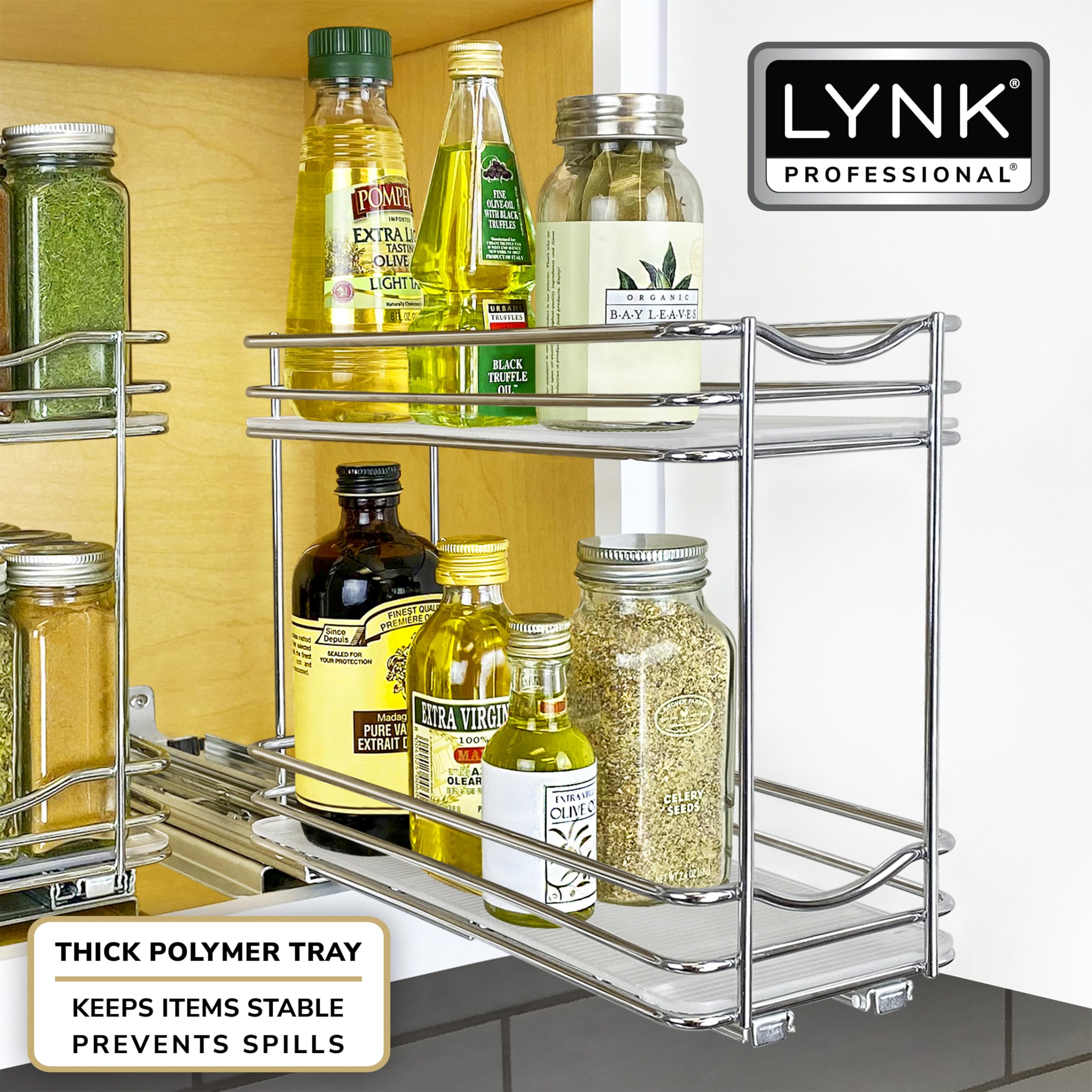 Lynk Professional Pull-Out Spice Rack Organizer – Slim 2-Tier Chrome Slide-Out Cabinet Drawer