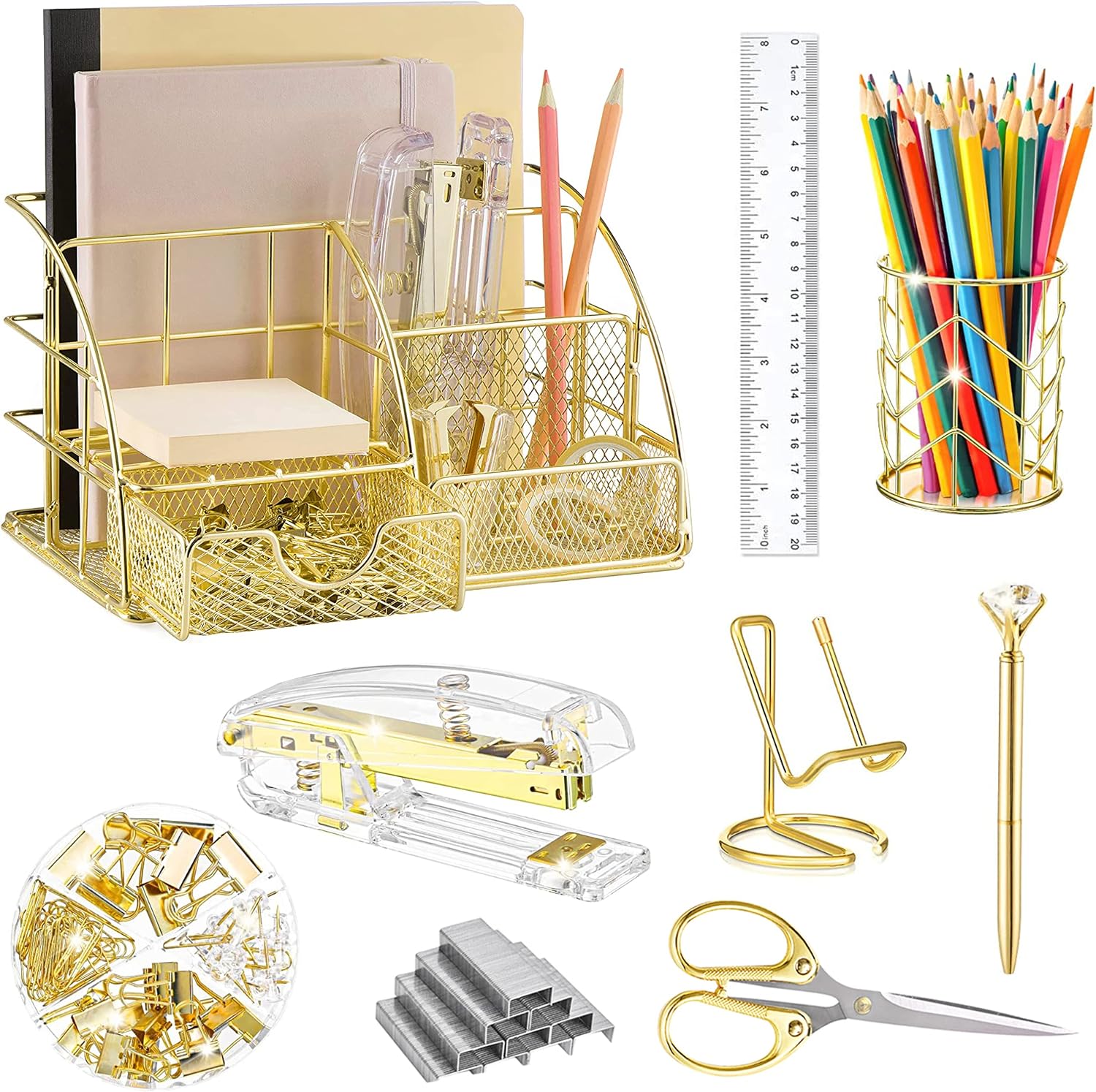 Green Desk Organizer and Office Supplies Set