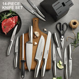 14-Piece Stainless Steel Kitchen Knife Set with Block & Sharpening Rod