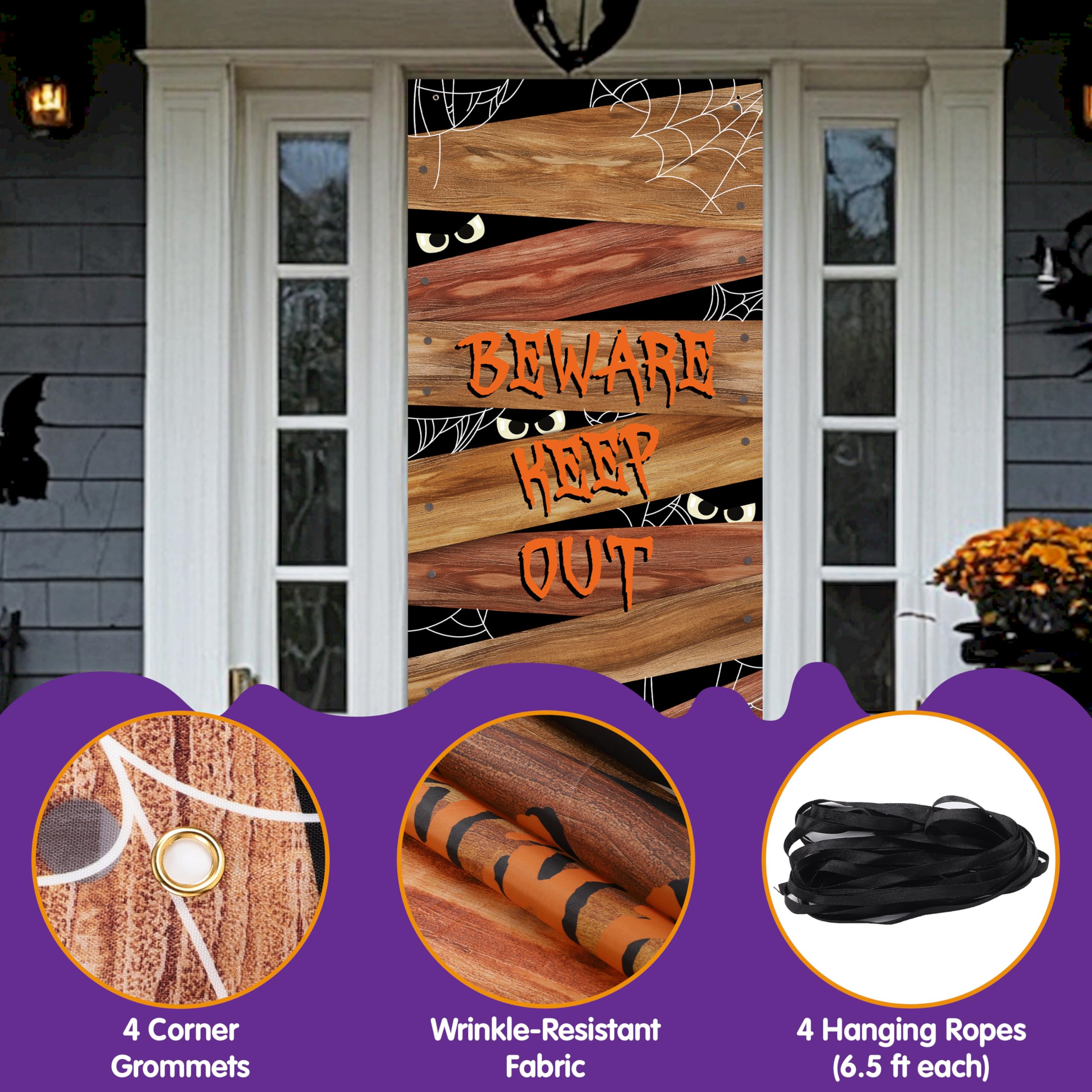 Halloween Door Cover with Wood-Look Spider Web Design – Large 71"x28" Fabric Door Banner for Indoor & Outdoor Decorations (Red & Brown)