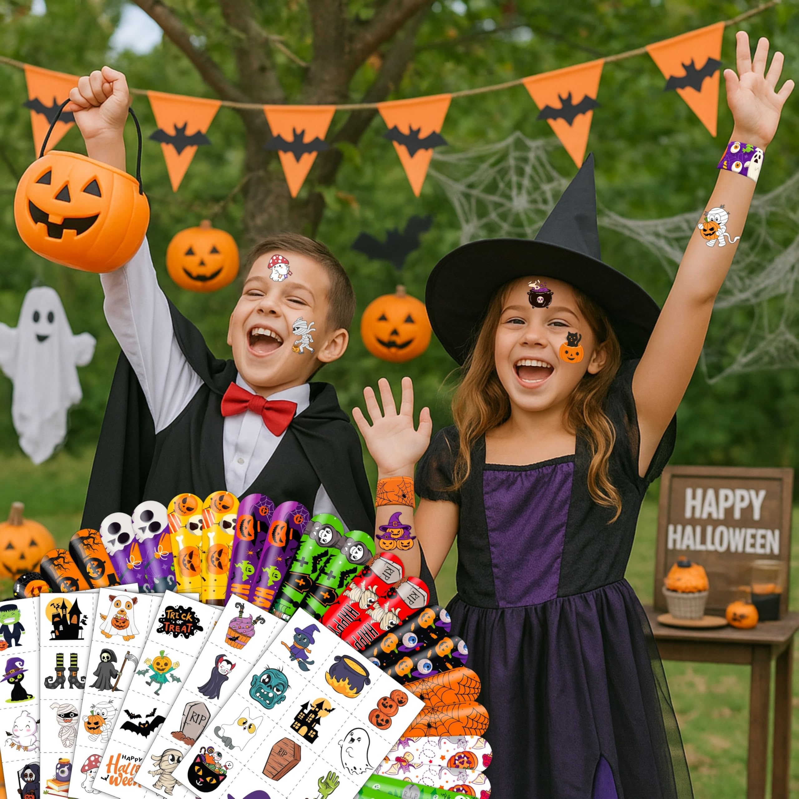 144PCS Halloween Party Favors Set – Slap Bracelets & Temporary Tattoos for Kids 🎃👻🕸 Perfect Trick-or-Treat Bundle