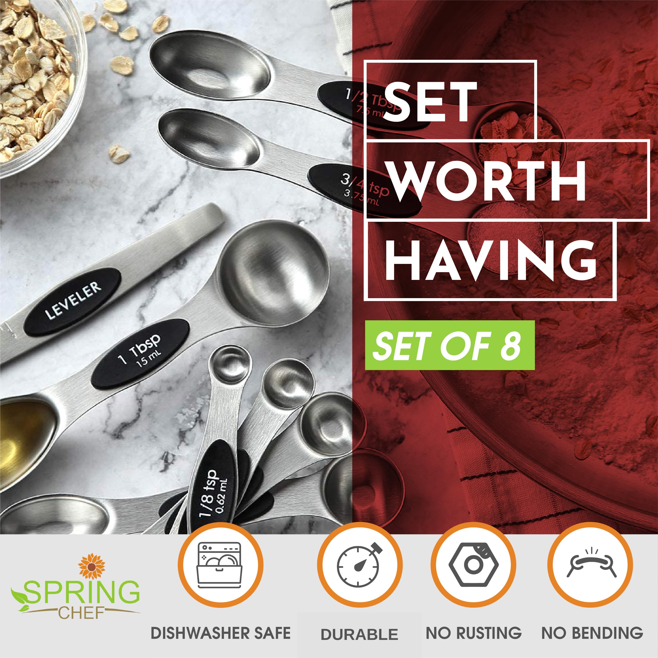 Magnetic Stainless Steel Measuring Spoons Set – Dual-Sided, Precision Sizes with Leveler (8-Piece)