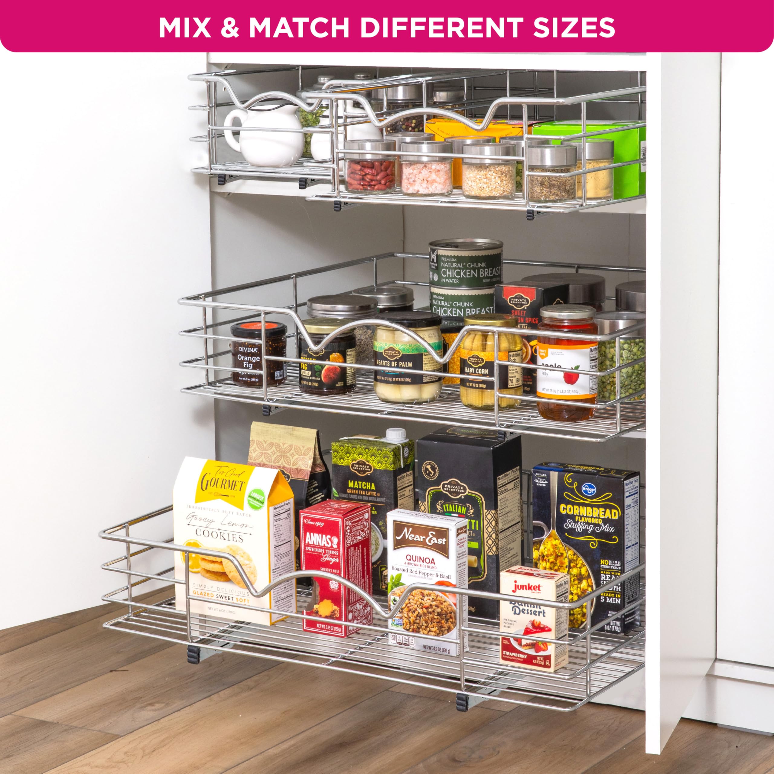 HOLDN Chrome Heavy-Duty Pull-Out Cabinet Organizer – Full-Extension Slide-Out Drawer for Large Base Cabinets (30” Width)