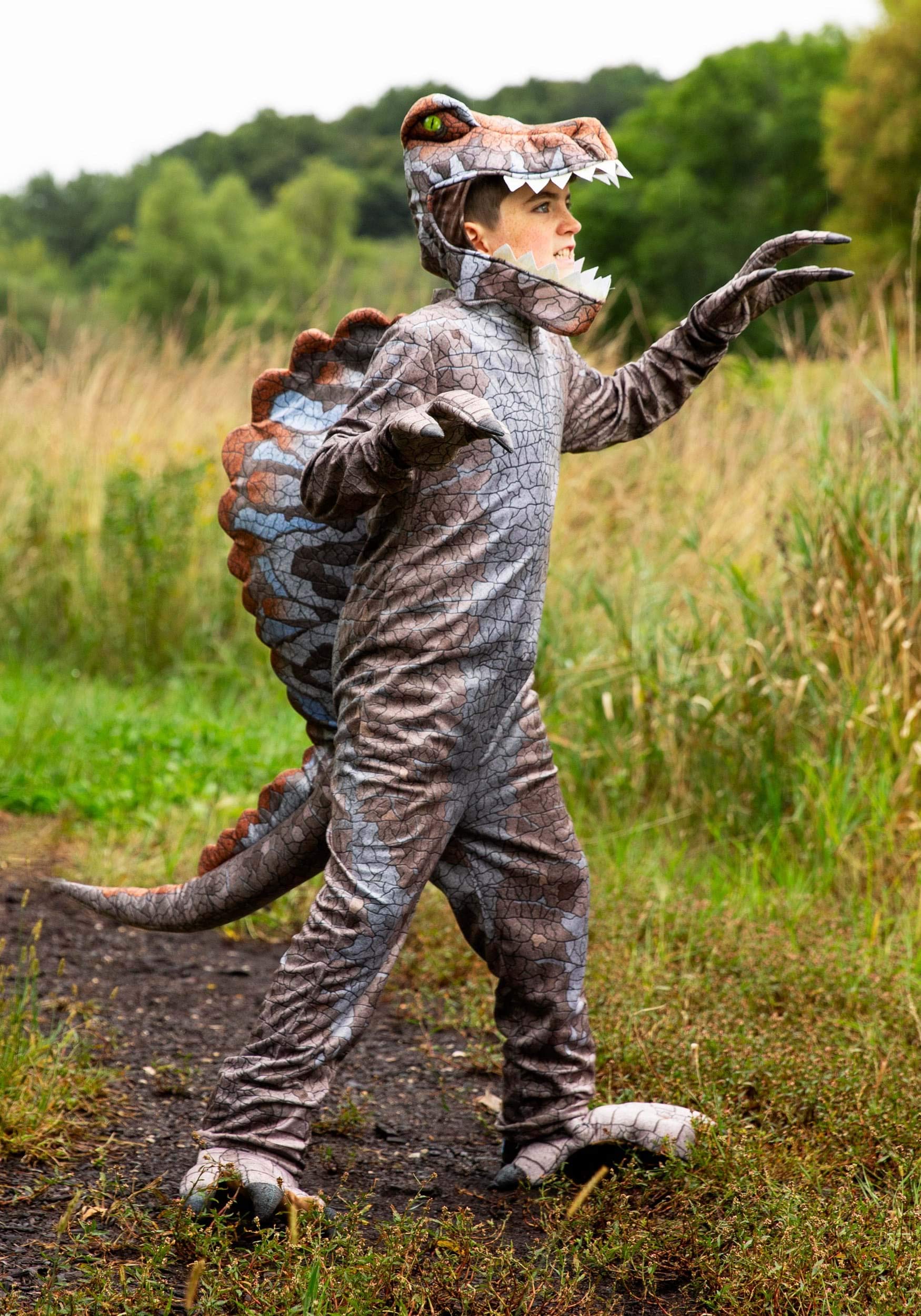 Kids Spinosaurus Dinosaur Costume – Realistic Gray Jumpsuit with Tail, Headpiece, Mitts & Shoe Covers