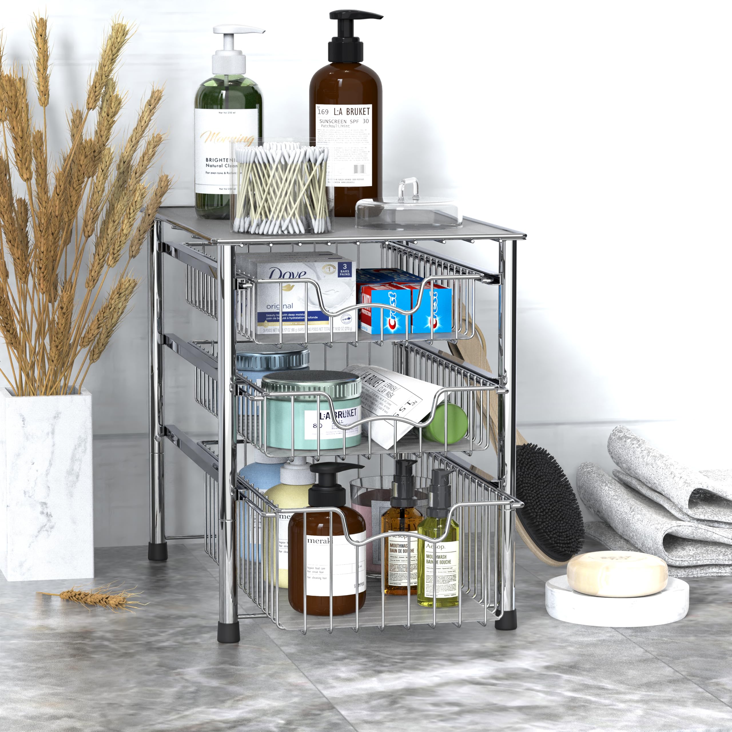 Stackable 3-Tier Sliding Basket Organizer – Chrome Space-Saving Drawer Storage Rack