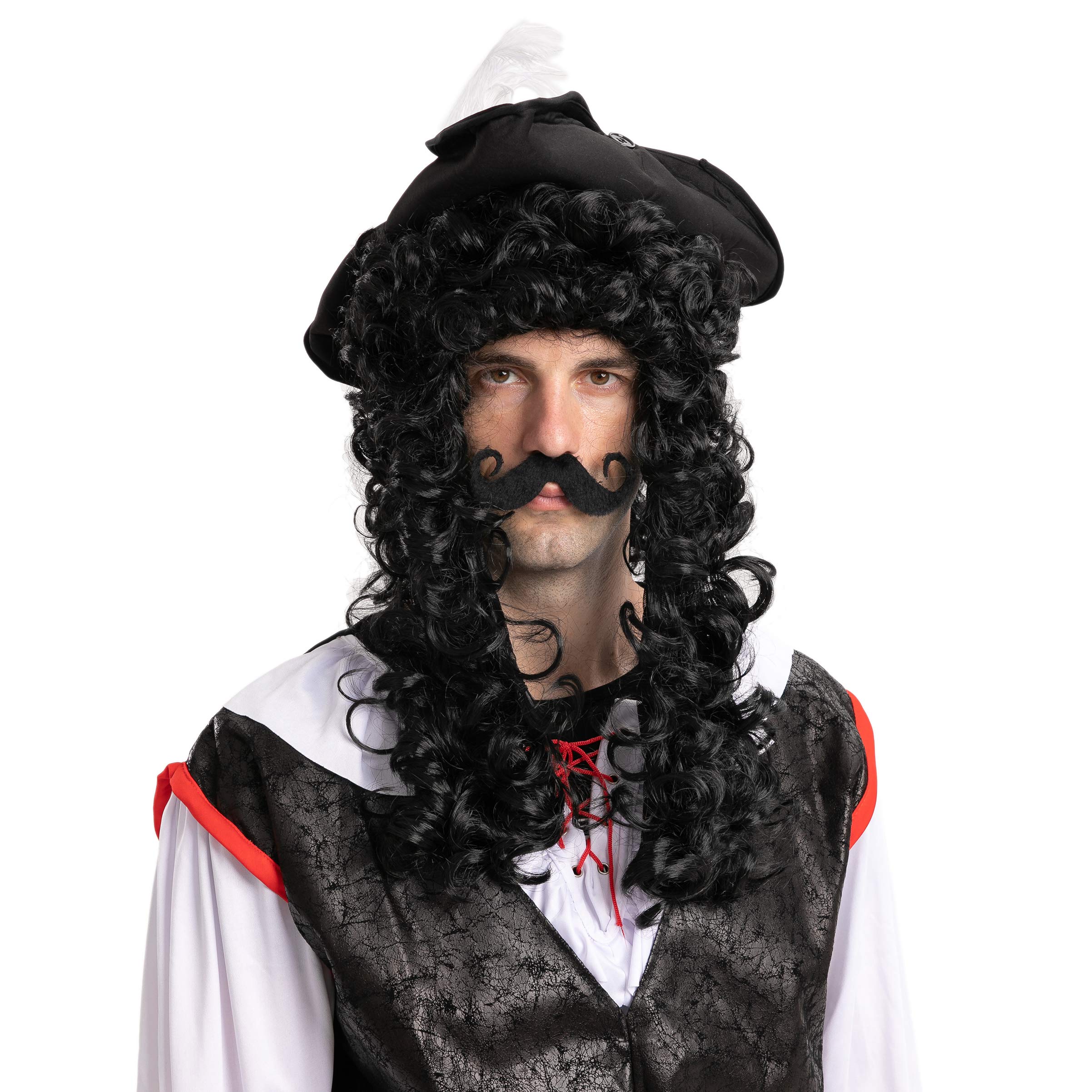 Black Pirate Wig & Mustache Set – Halloween Costume Accessory for Adults