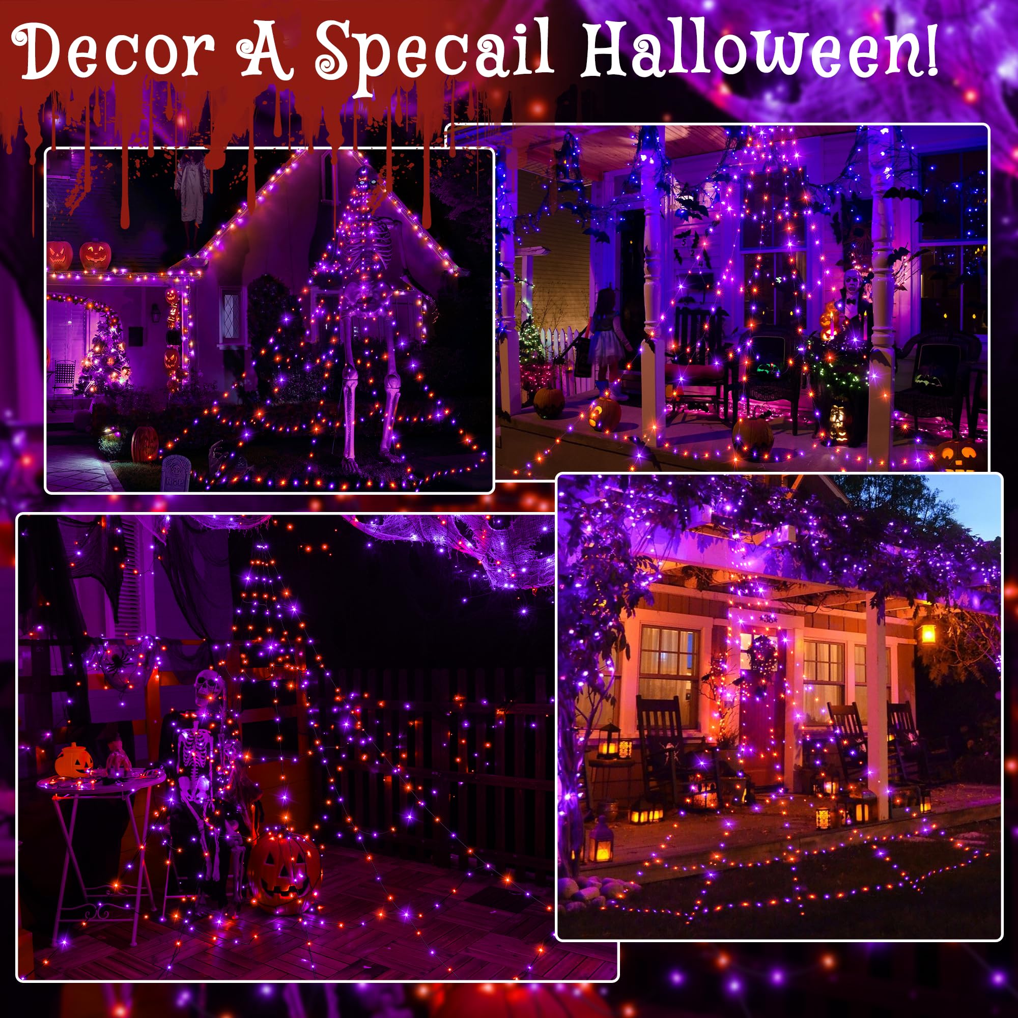 Halloween Spiderweb Lights – 266 LED Orange & Purple Outdoor Web with Remote, 8 Modes & Timer (9.8ft, IP67 Waterproof)