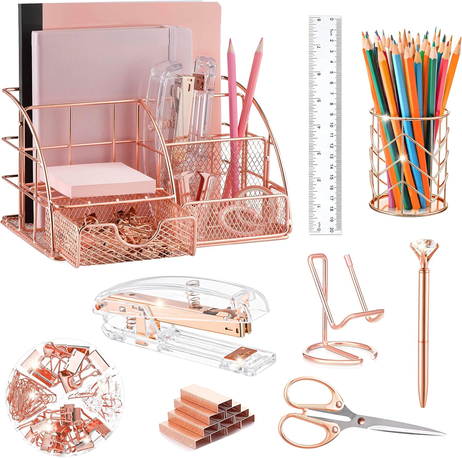 Green Desk Organizer and Office Supplies Set
