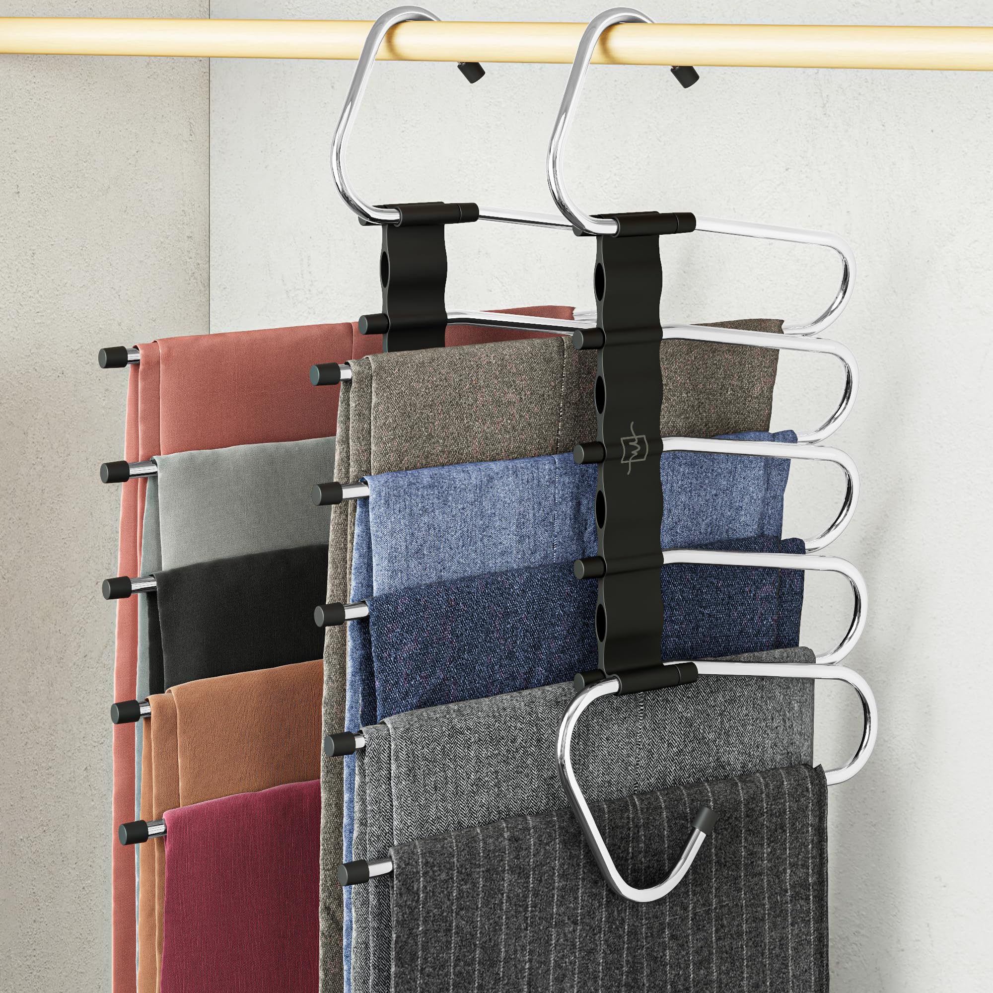 MORALVE Space-Saving Pants Hangers – 5-Tier Non-Slip Multi-Layer Closet Organizer for Trousers & Skirts (Black, 2-Pack)