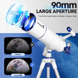 90mm Astronomical Telescope with Tripod & Phone Adapter – Portable Refractor Telescope for Beginners & Stargazing
