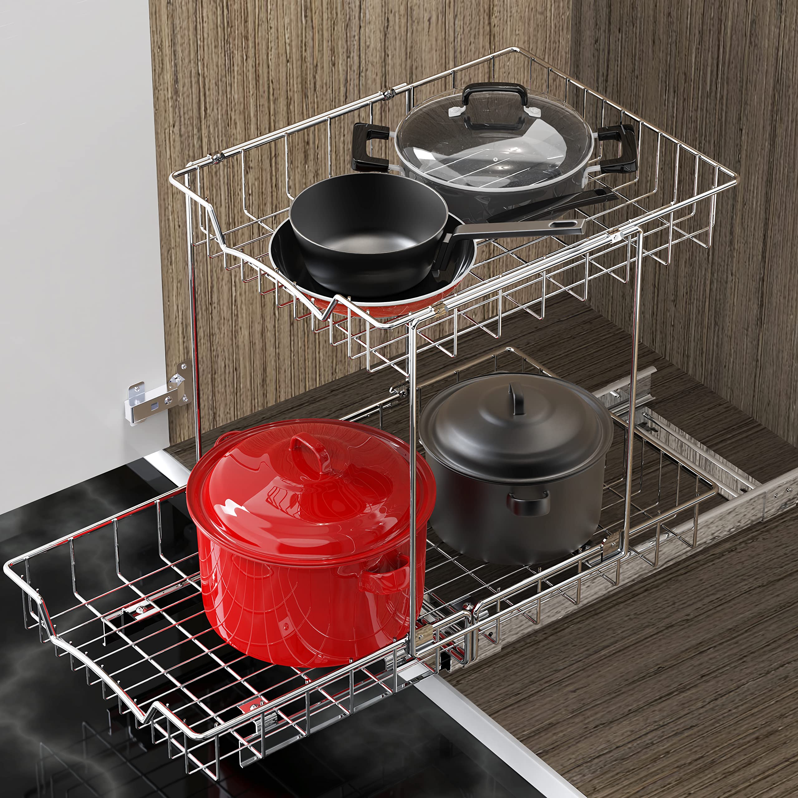 2-Tier Pull-Out Under Cabinet Organizer – Chrome Sliding Shelf with Heavy-Duty Ball Bearings (L-L)