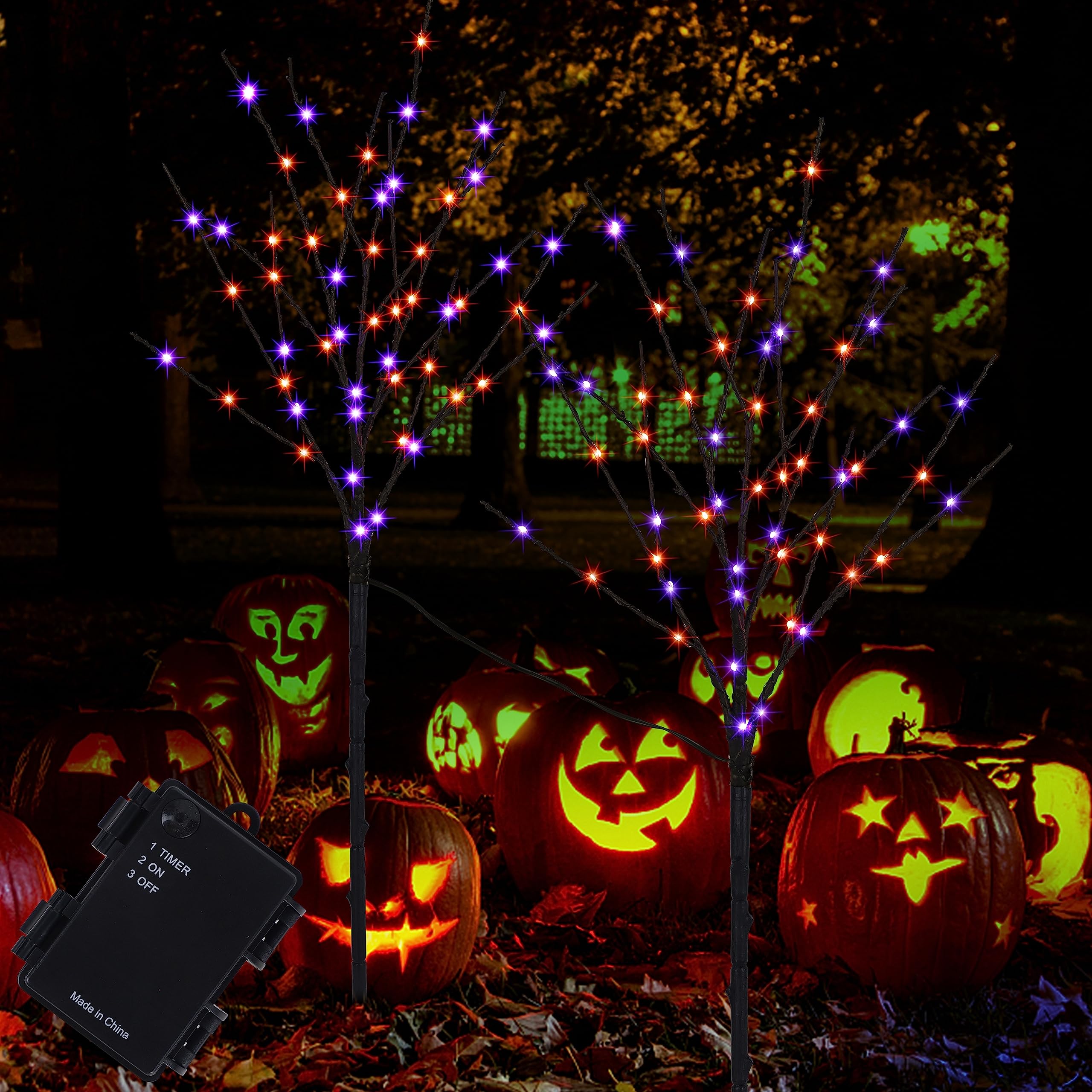 Halloween Lighted Tree Branches – 2 Pack 30" Black Artificial Trees with 100 LED Orange & Purple Lights, Timer Function & Adjustable Twigs