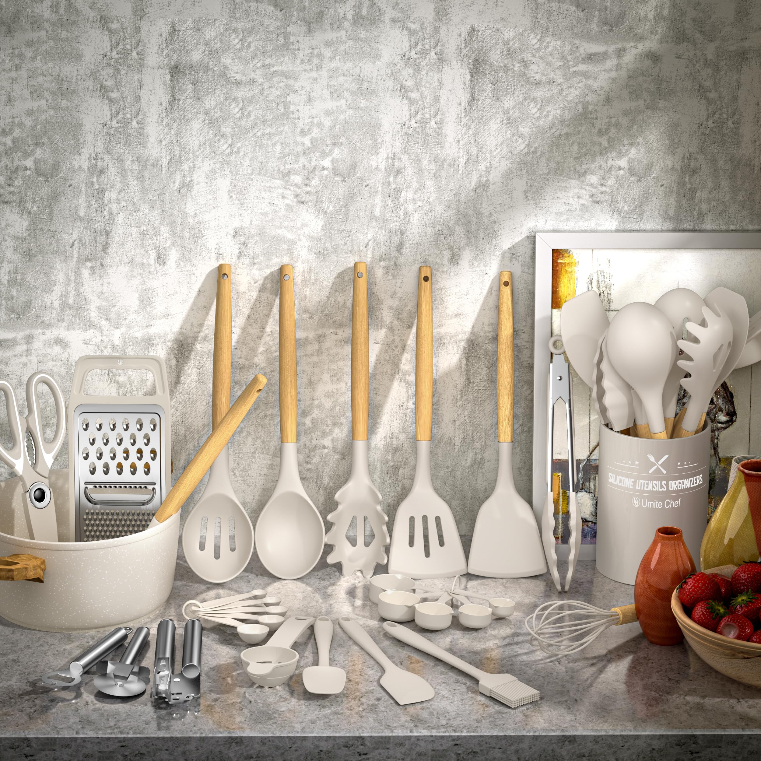 34-Piece Silicone Kitchen Utensils Set with Wooden Handles & Holder – BPA-Free Cooking Tools