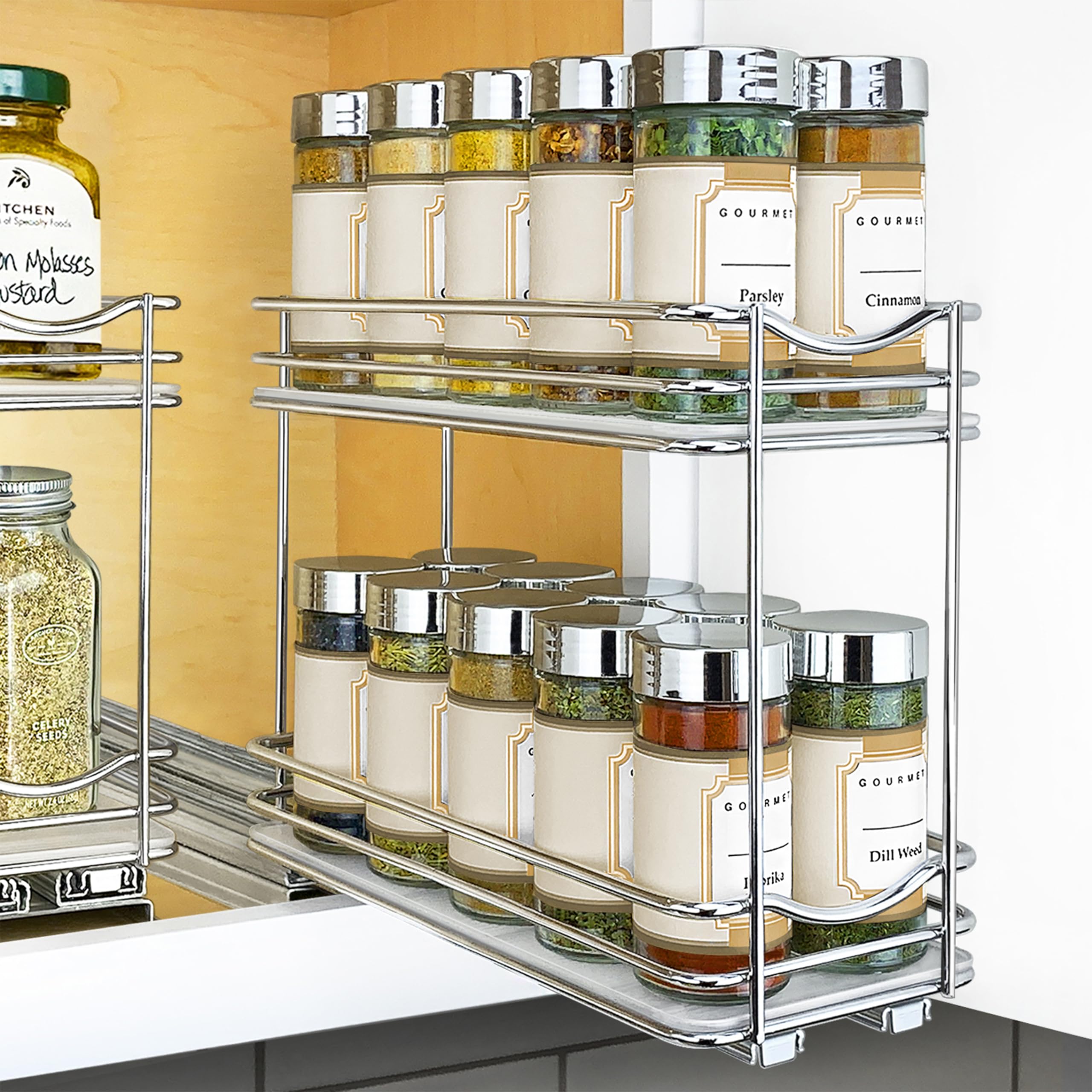 Lynk Professional Pull-Out Spice Rack Organizer – Slim 2-Tier Chrome Slide-Out Cabinet Drawer