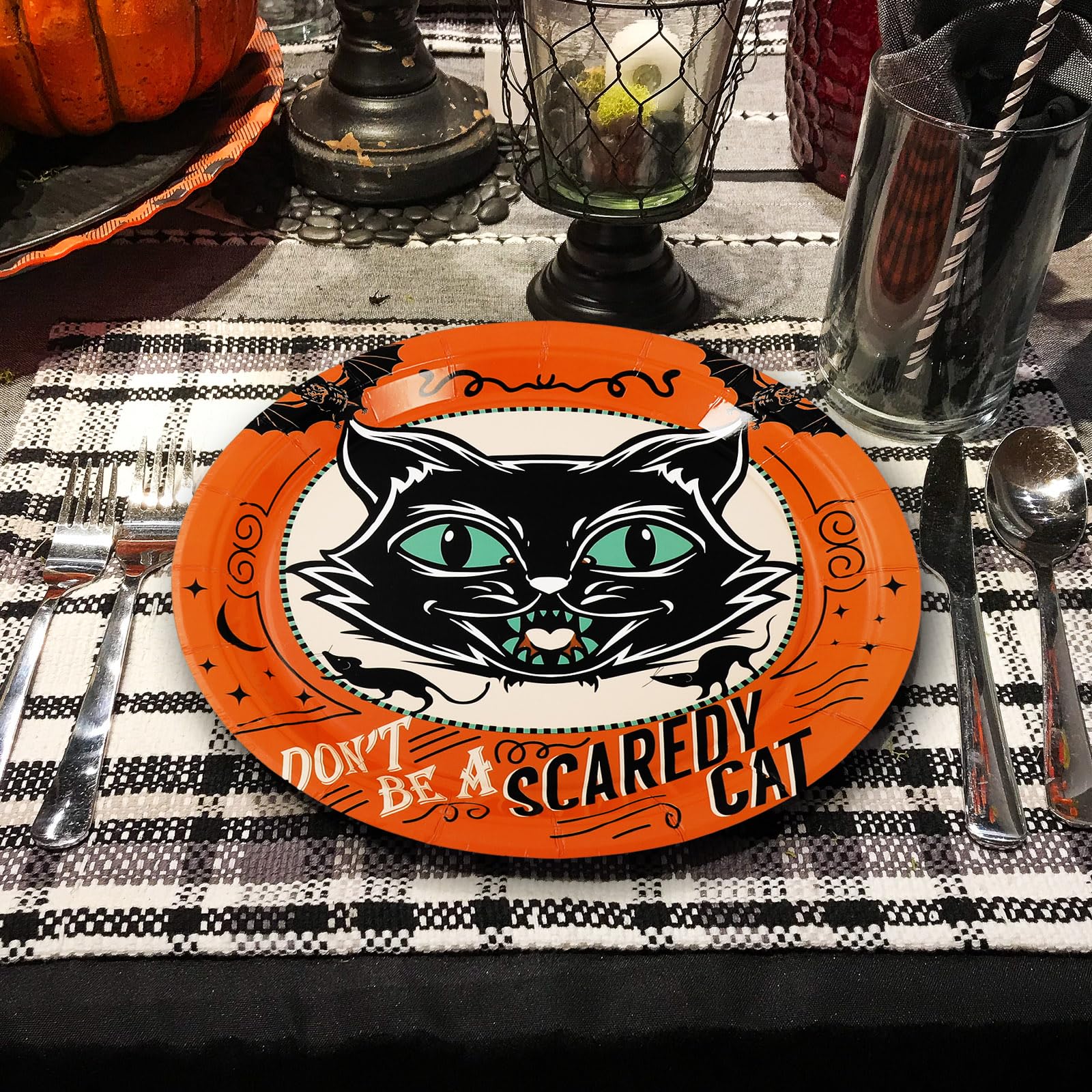 Halloween Vintage Plates – 40 Pcs Disposable 9" Paper Plates with Pumpkin, Cat, Bat & Skeleton Designs for Spooky Parties