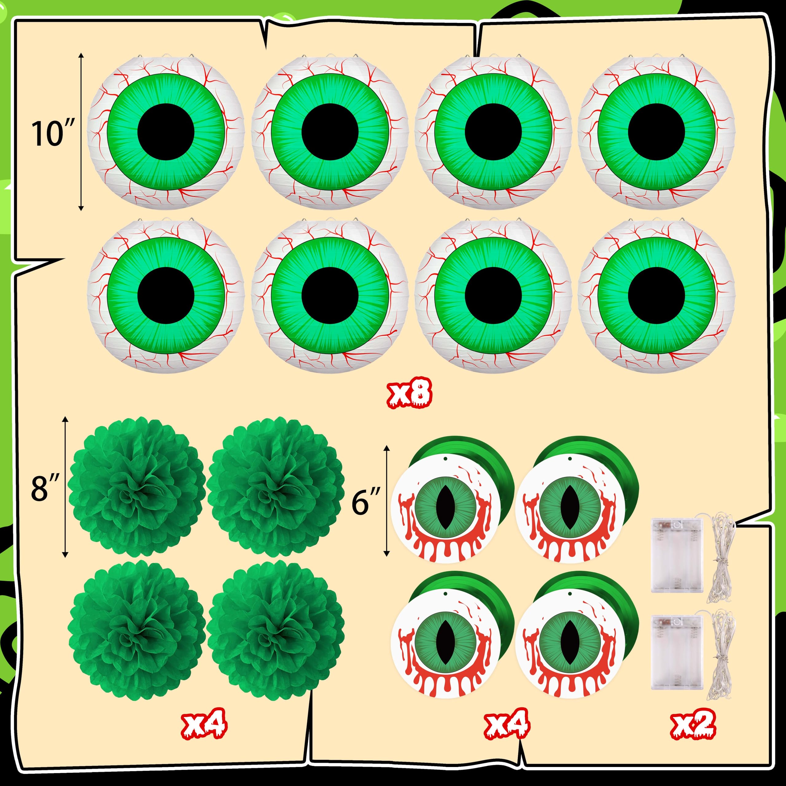 Halloween Green Eyeball Paper Lantern Set – 8 Pack with LED String Lights & Hanging Décor