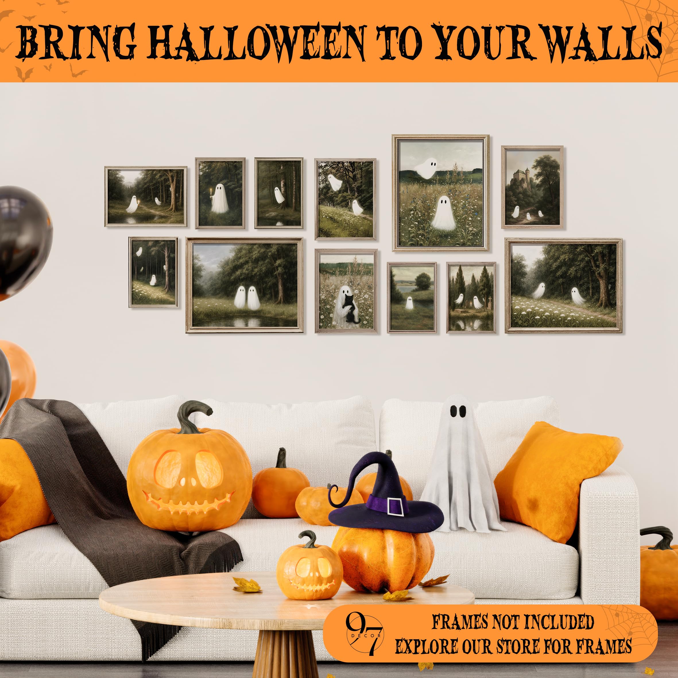 Vintage Ghost Wall Art Set – 12PCS Cute & Spooky Halloween Prints for Aesthetic Home Décor (Unframed)