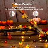 Autumn Harvest String Lights – 10 Pumpkins, 10 Acorns & 20 Maple Leaves on Copper Wire, Battery Operated with Timer (Orange)