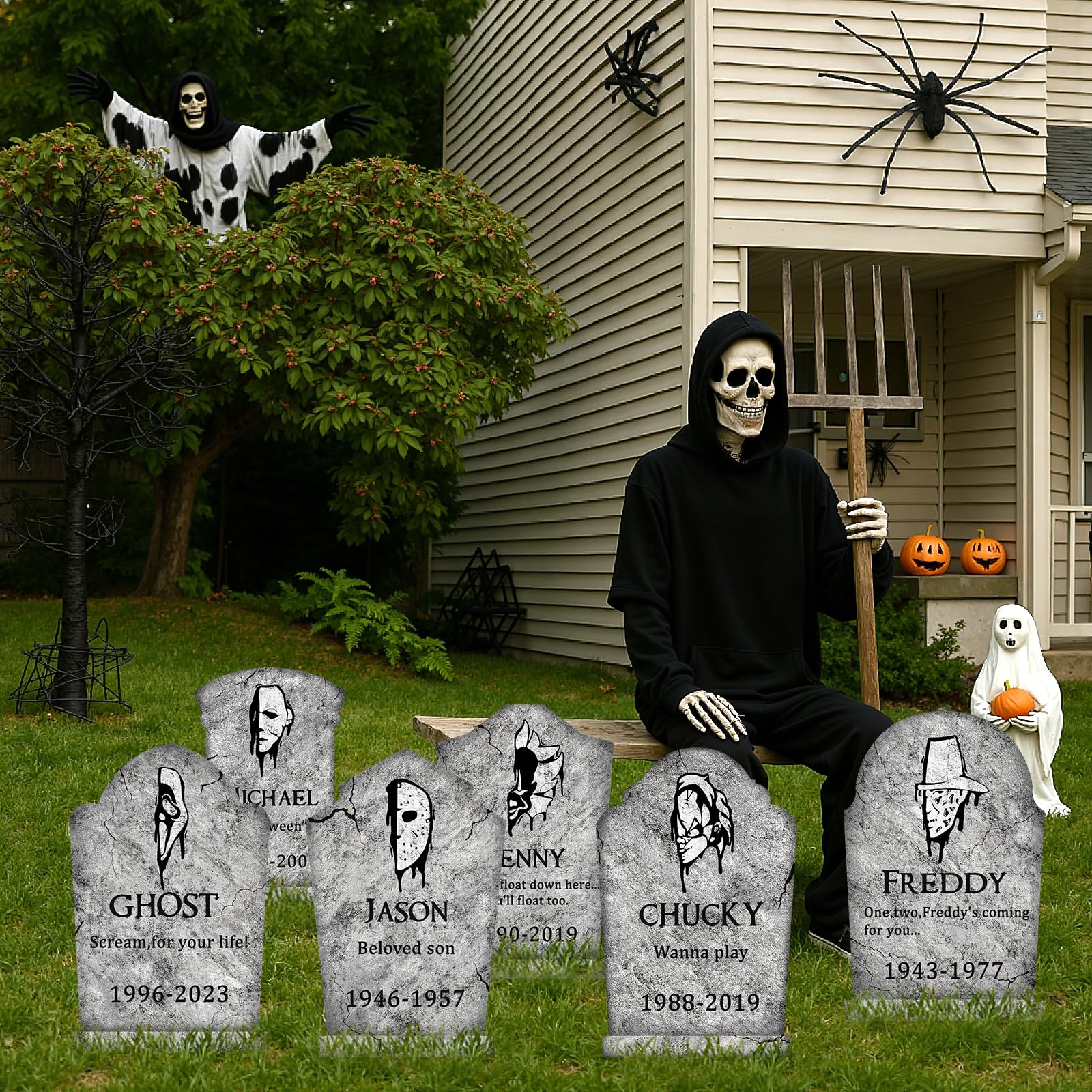 Halloween Tombstones Yard Decorations Set – 6 Stone Grey Plastic Gravestones with Stakes for Outdoor Graveyard Display