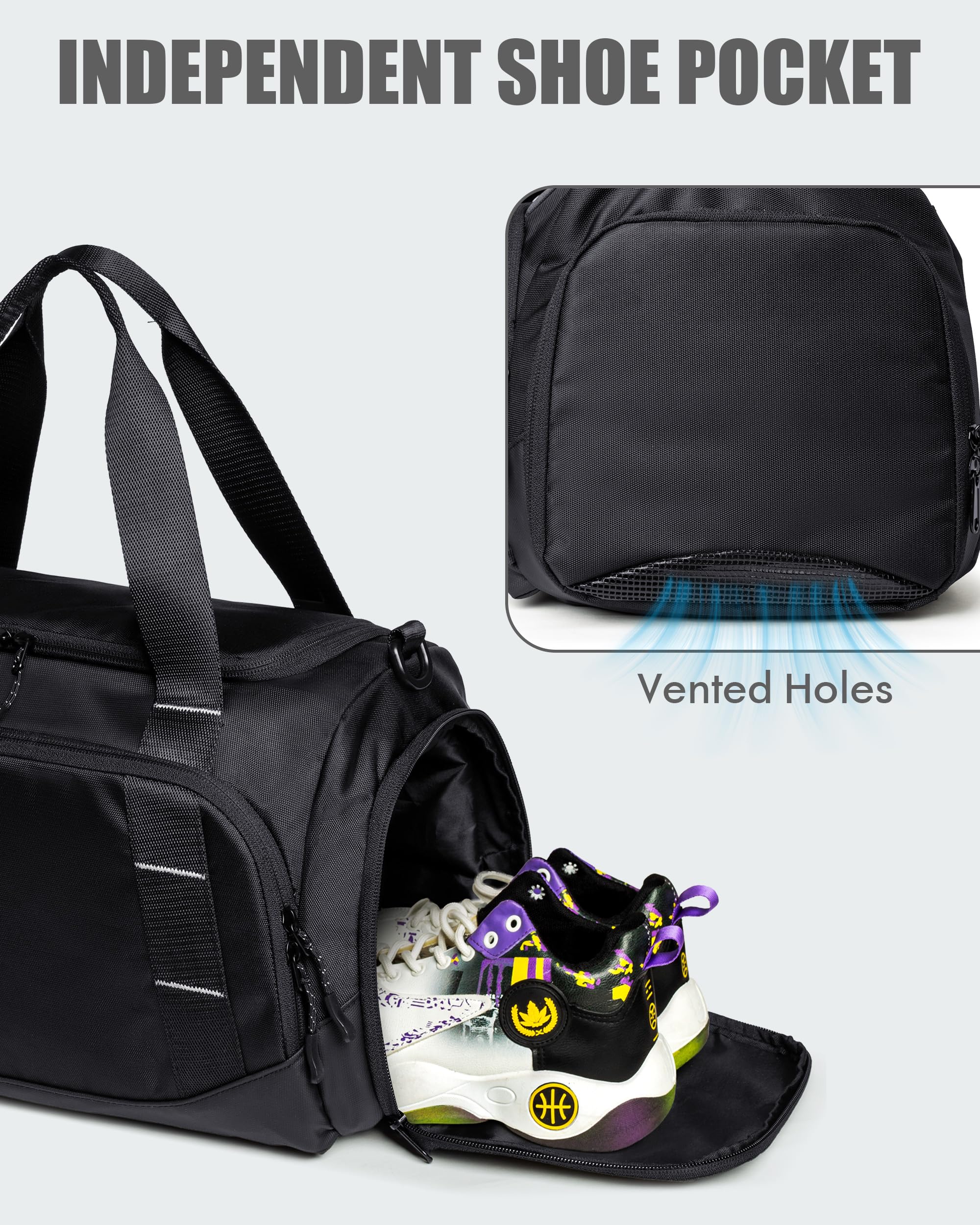 PROKVA Small Gym Duffle Bag 16L – Compact Carry-On Weekender with Shoe Compartment & Wet/Dry Pocket (Black)