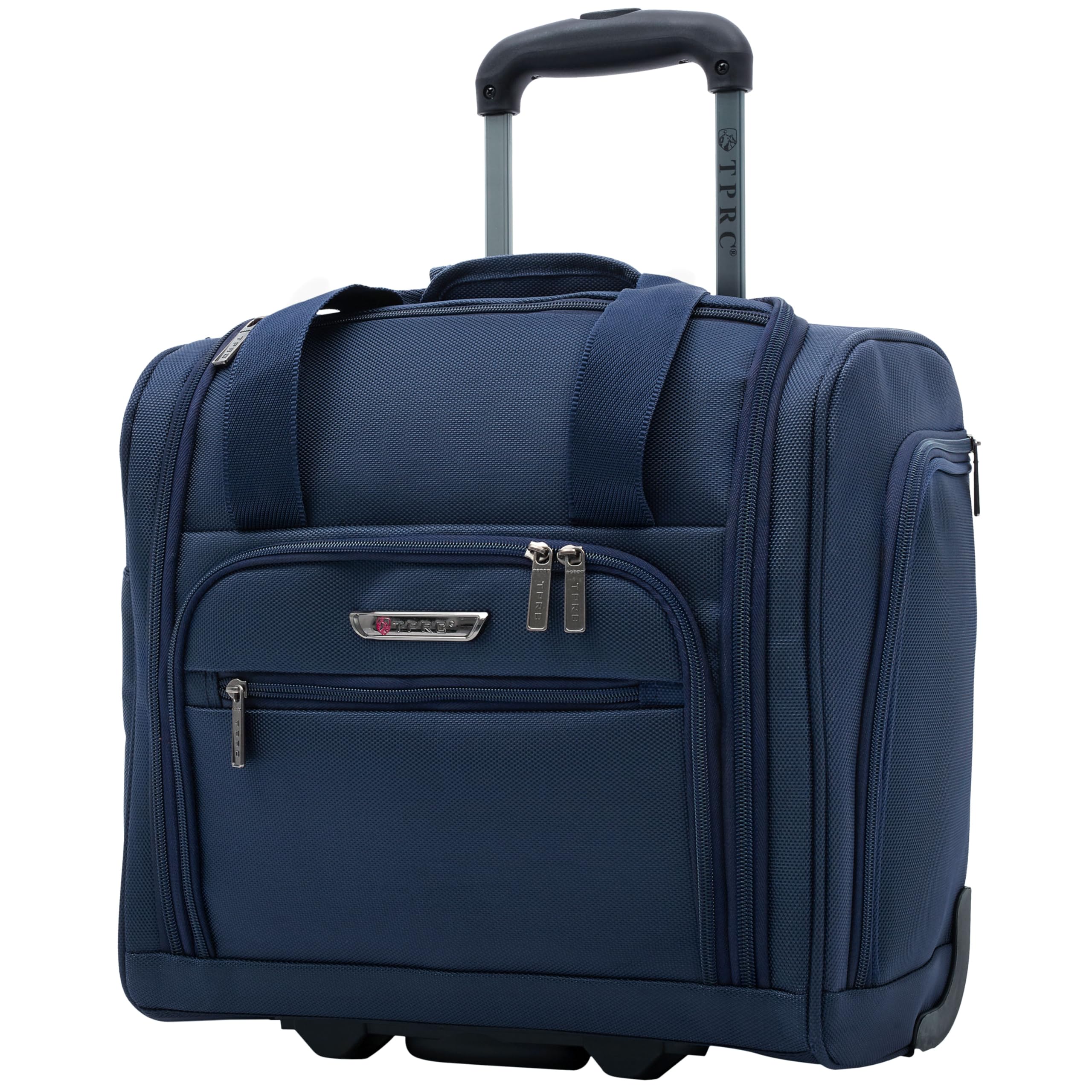 TPRC 15” Smart Underseat Carry-On Luggage with USB Charging Port, Compact Rolling Travel Bag (Navy Blue)