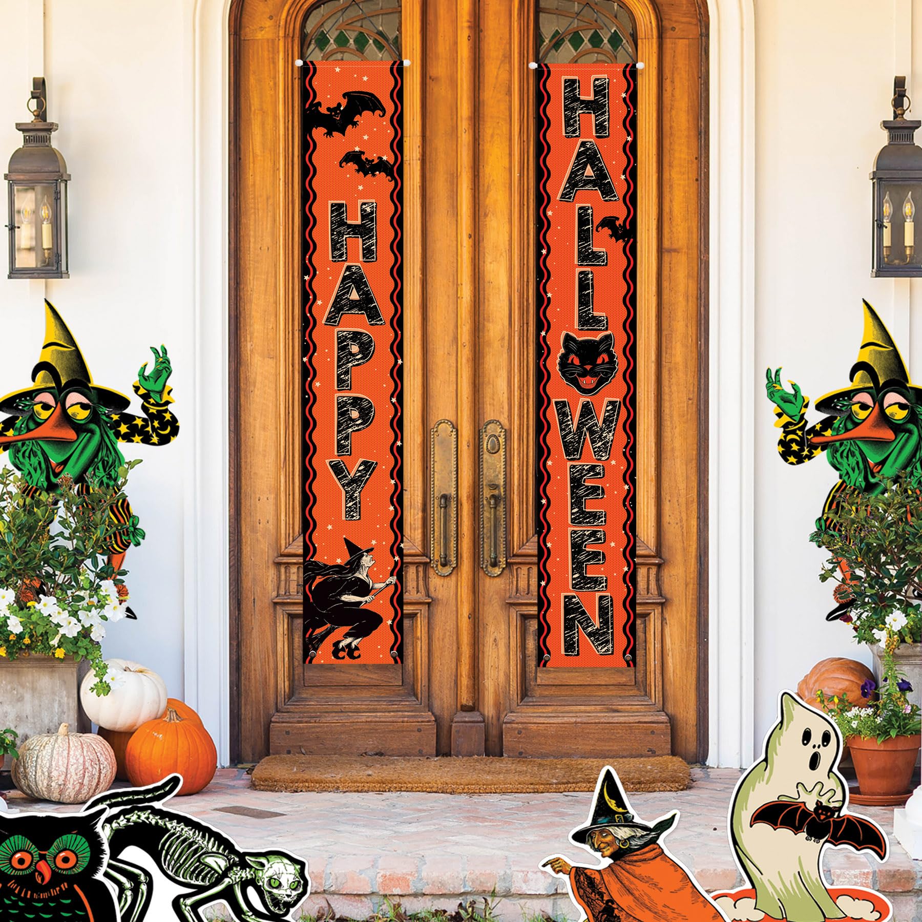 Vintage Halloween Door Panel Set – 2PCS “Happy Halloween” Fabric Banners with Witch, Bat & Black Cat Design