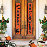 Vintage Halloween Door Panel Set – 2PCS “Happy Halloween” Fabric Banners with Witch, Bat & Black Cat Design