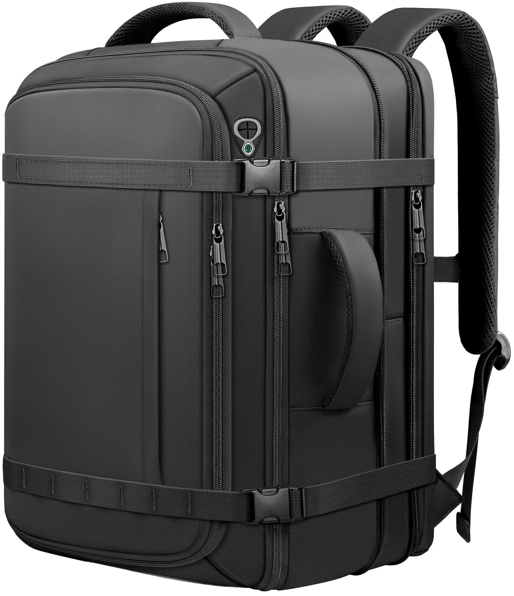 Expandable 40–50L Carry-On Travel Backpack with Lay-Flat Opening & USB Cable Port – Fits 17.3” – Black