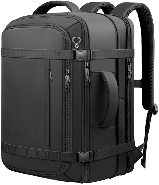 Expandable 40–50L Carry-On Travel Backpack with Lay-Flat Opening & USB Cable Port – Fits 17.3” – Black