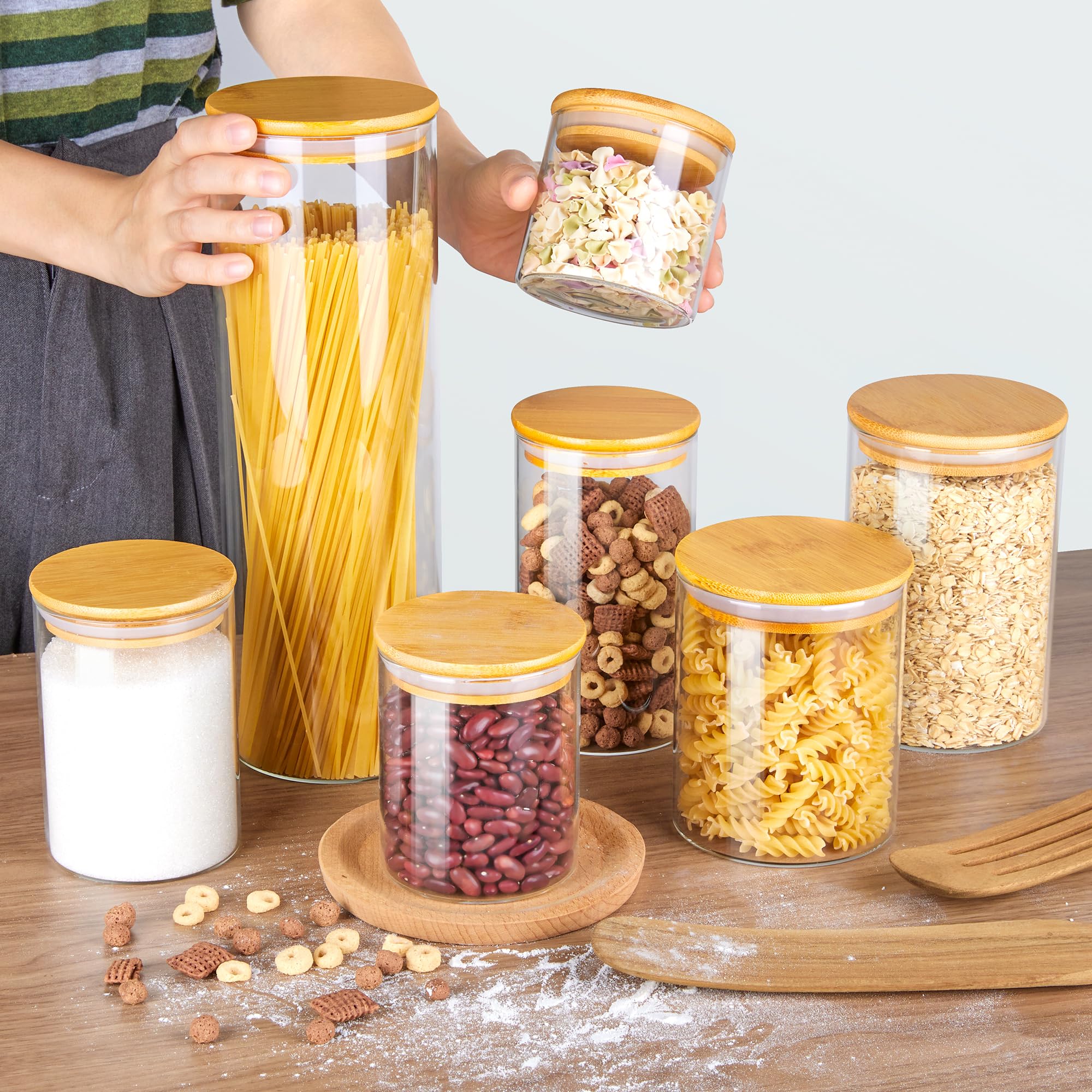7-Piece Glass Food Storage Jar Set with Bamboo Lids – Multi-Size Airtight Canisters for Pantry Organization