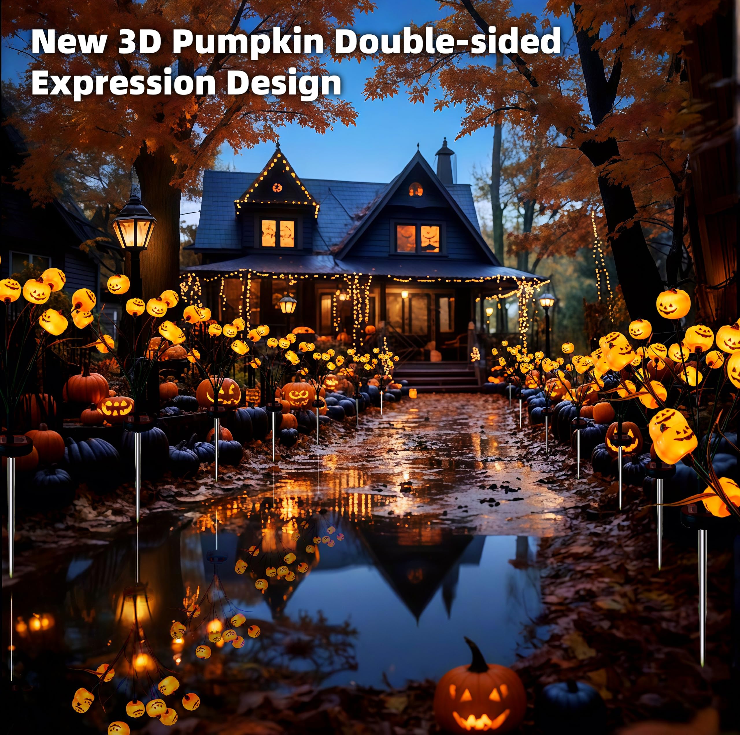 3D Solar Pumpkin Firefly Lights – 2 Pack 20 LEDs Double-Sided Halloween Outdoor Lights with Green Leaves, IP65 Waterproof (Orange)