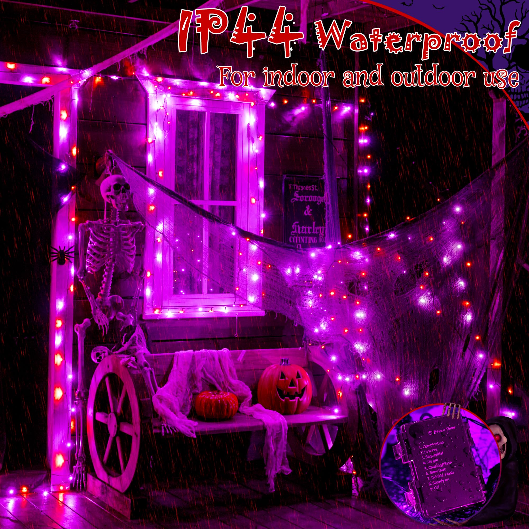 Halloween LED String Lights with Black Creepy Cloth – 50 LEDs Orange & Purple Lights, 8 Modes, Timer, Battery Powered (79 x 31 in)
