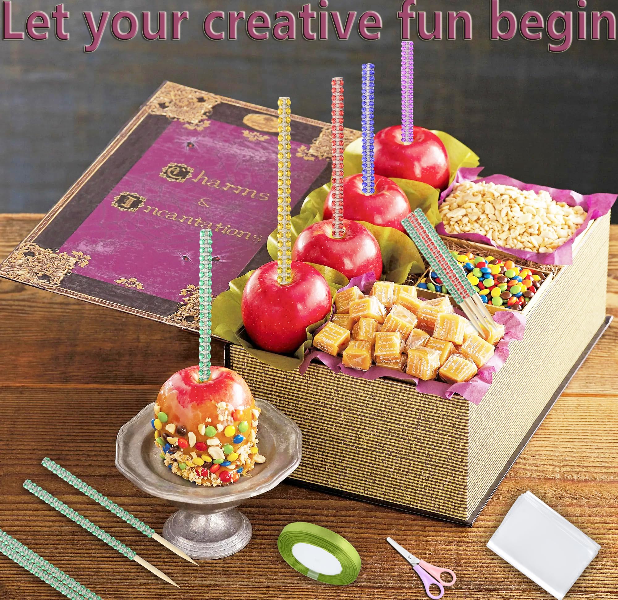 Luxury Candy Apple Stick Kit – 24 Rhinestone Sticks, 24 Bags, Silver Ribbon & Scissors – Black + Silver Caramel Apple Decorating Set