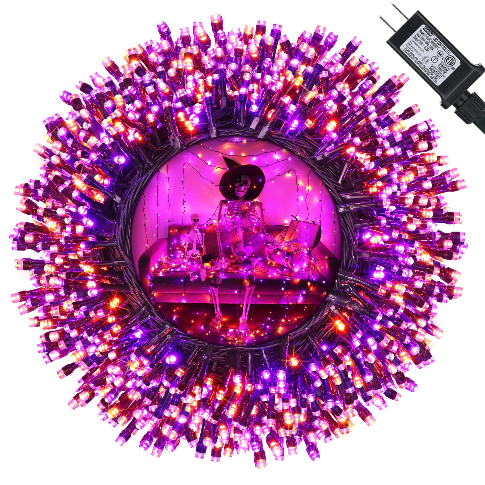 114Ft Orange & Purple Halloween String Lights – 300 LEDs, 8 Modes, Timer & Memory, Indoor/Outdoor Décor