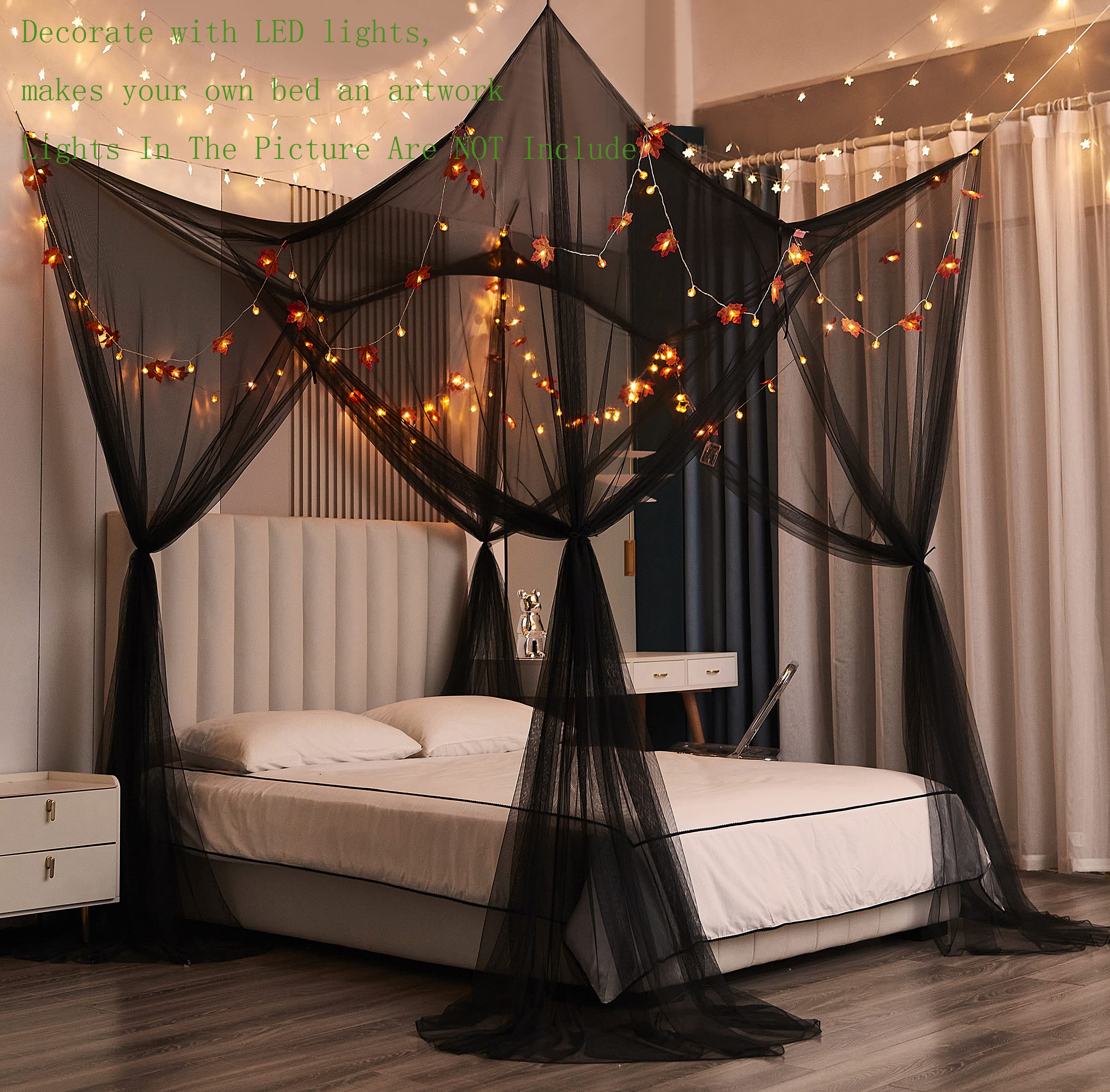 Gothic Black Bed Canopy – 4-Post Mosquito Net for Full, Queen & King Size Beds (Indoor/Outdoor Use)