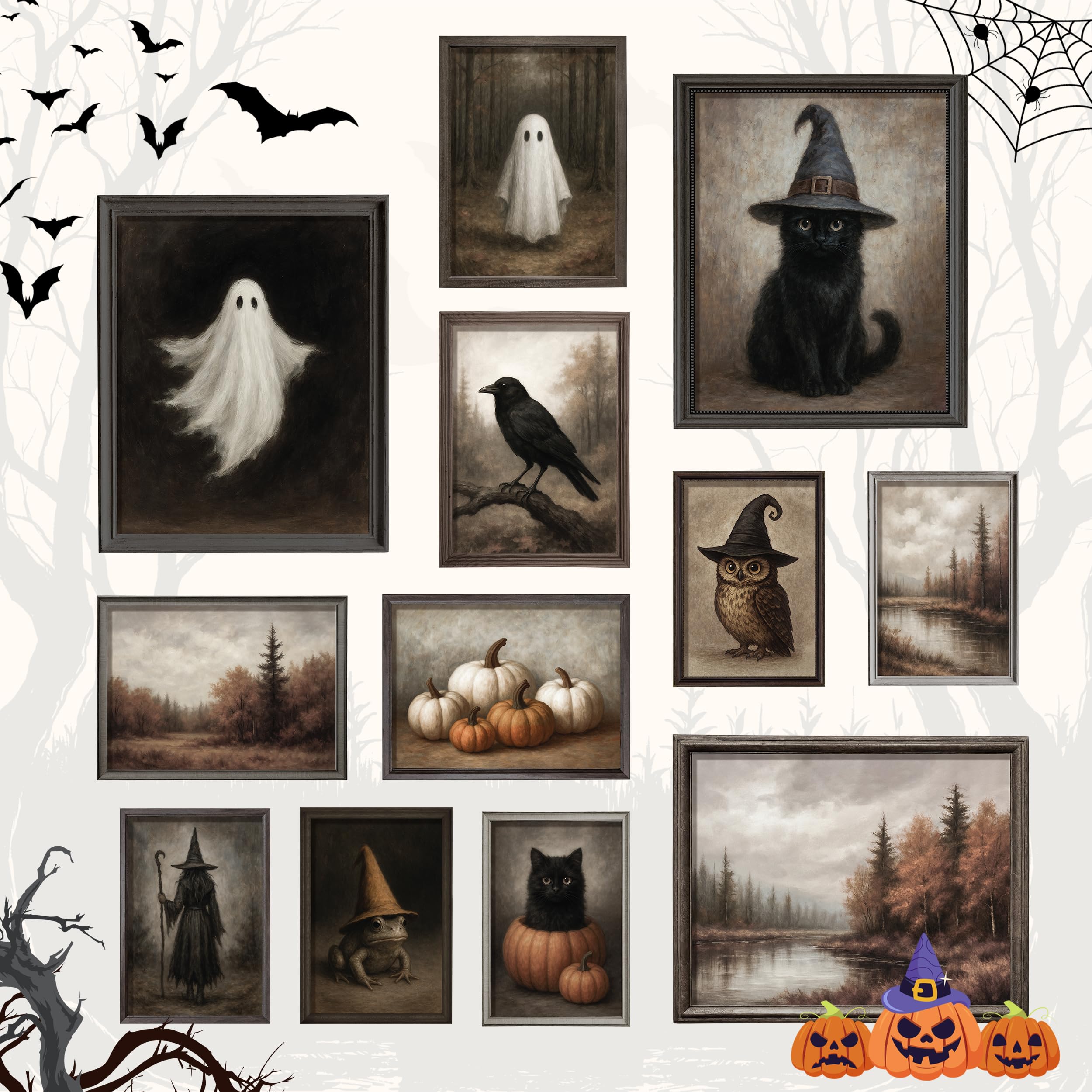 Halloween Wall Art Prints Set – 10PCS Vintage Gothic Posters & Ghost Aesthetic Decor for Bedroom & Living Room